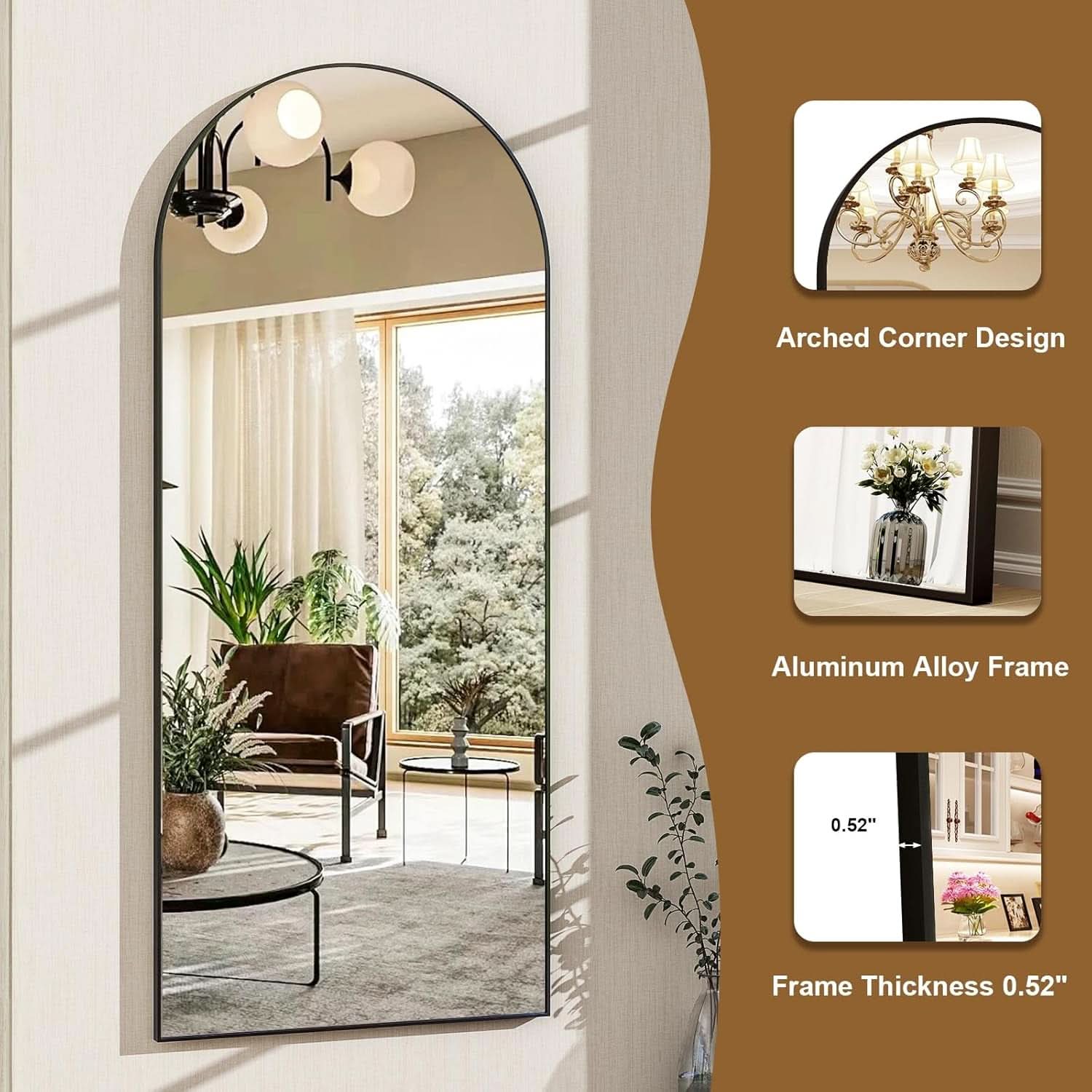 56 Inch Arch Full Length Mirror Black Frame Floor Standing