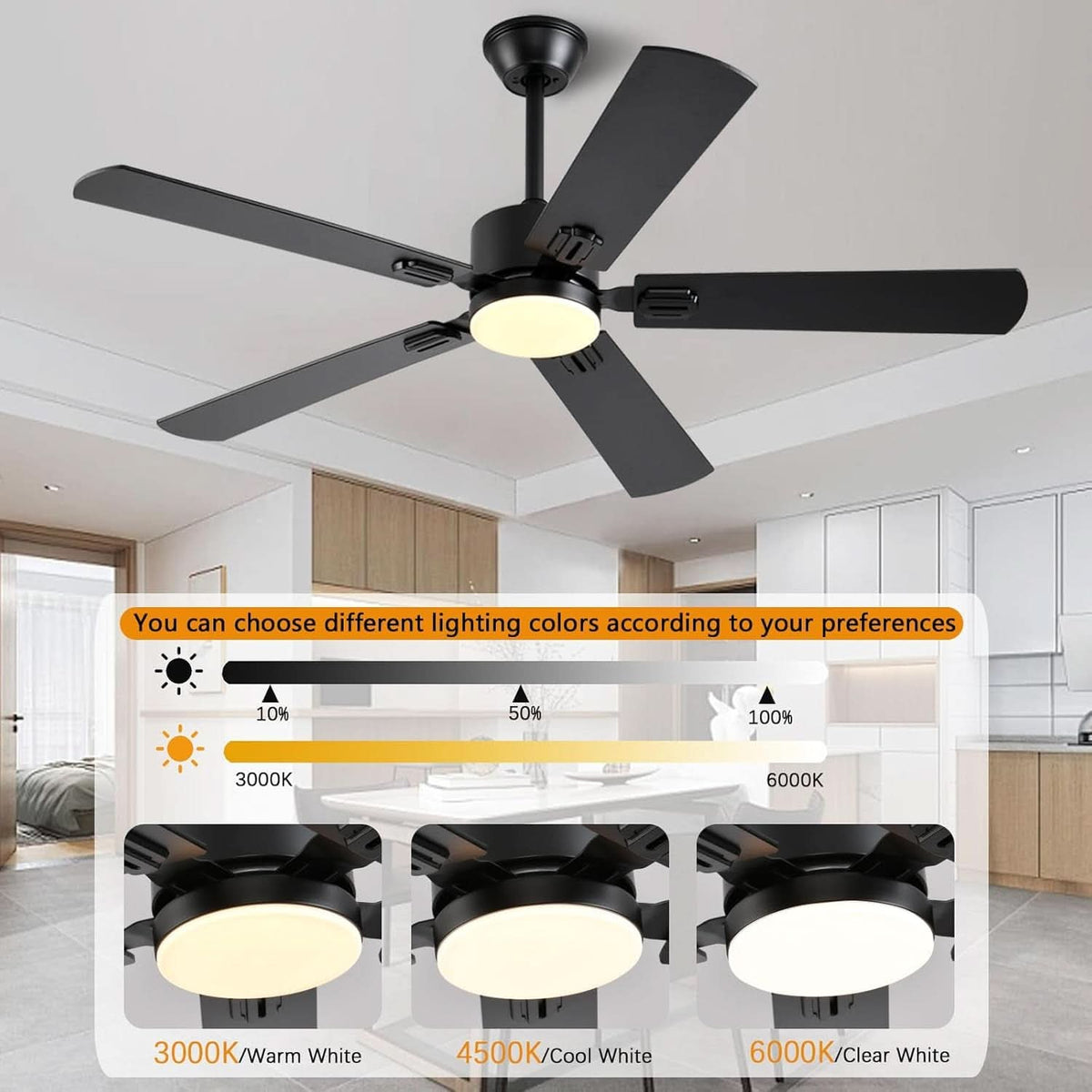 56 Inch Black Ceiling Fan With Dimmable LED Lights And Remote App Control