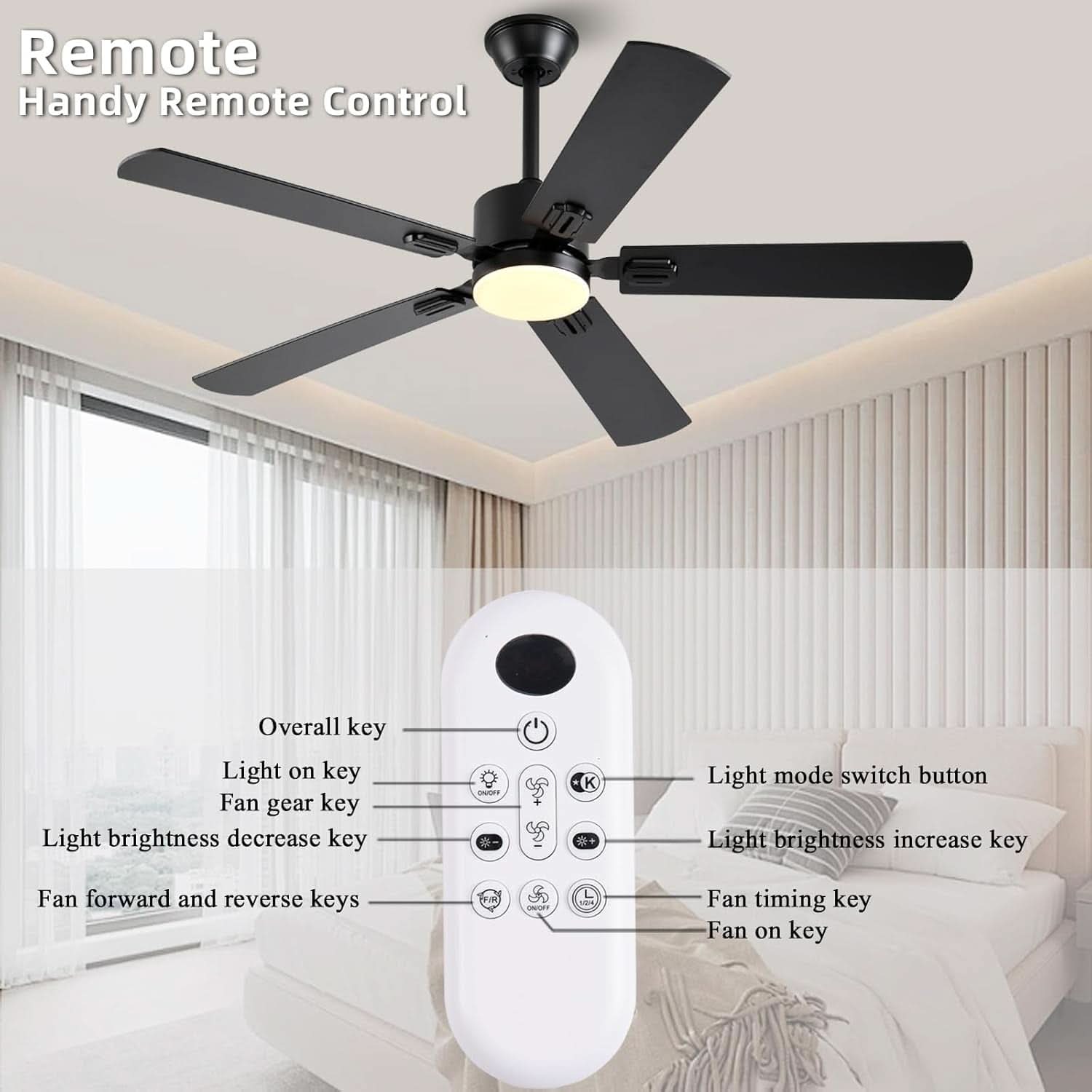 56 Inch Black Ceiling Fan With Dimmable LED Lights And Remote App Control