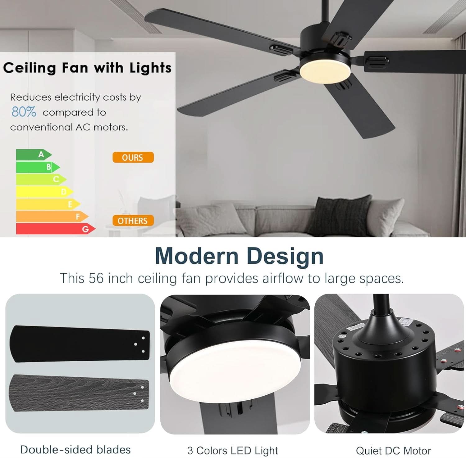 56 Inch Black Ceiling Fan With Dimmable LED Lights And Remote App Control