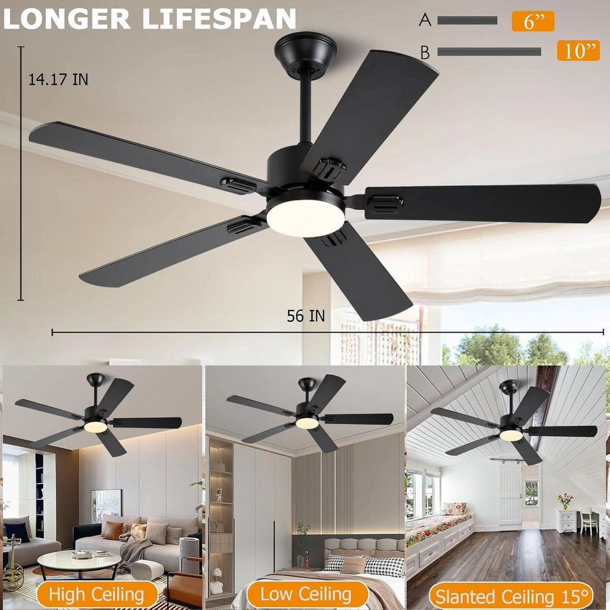 56 Inch Black Ceiling Fan With Dimmable LED Lights And Remote App Control