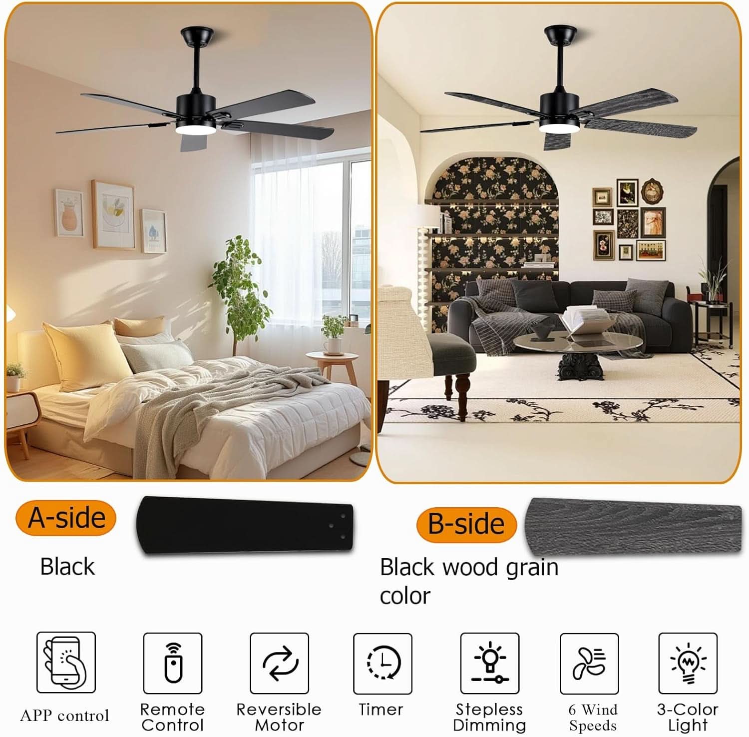 56 Inch Black Ceiling Fan With Dimmable LED Lights And Remote App Control