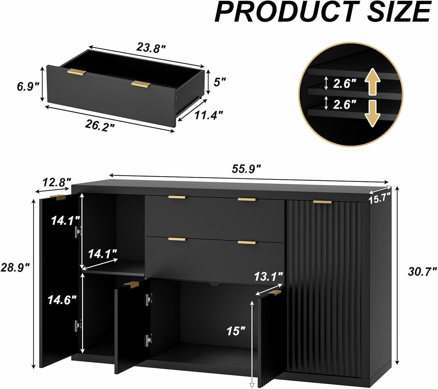 56 Inch Black Fluted Buffet Cabinet With Adjustable Shelves