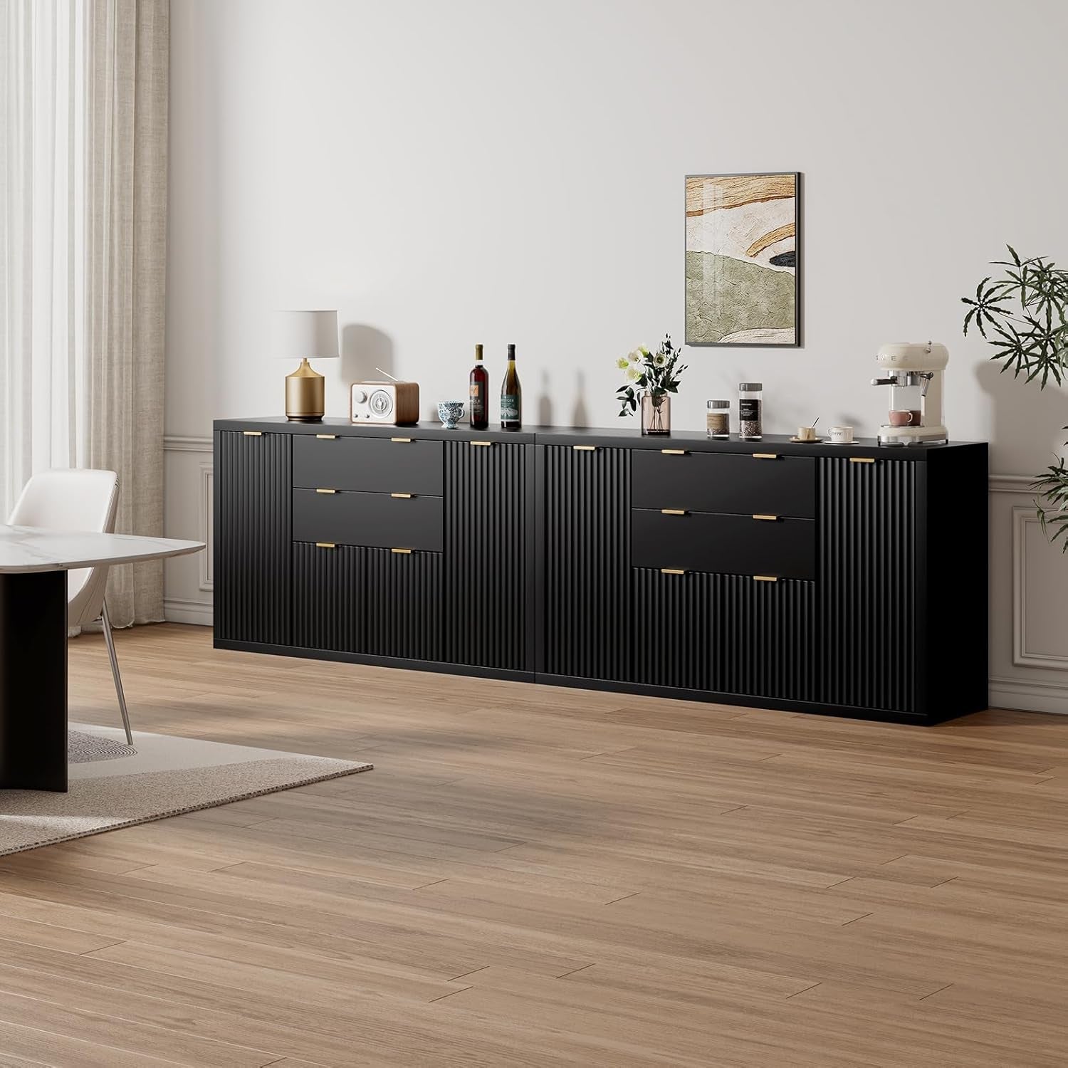56 Inch Black Fluted Buffet Cabinet With Adjustable Shelves