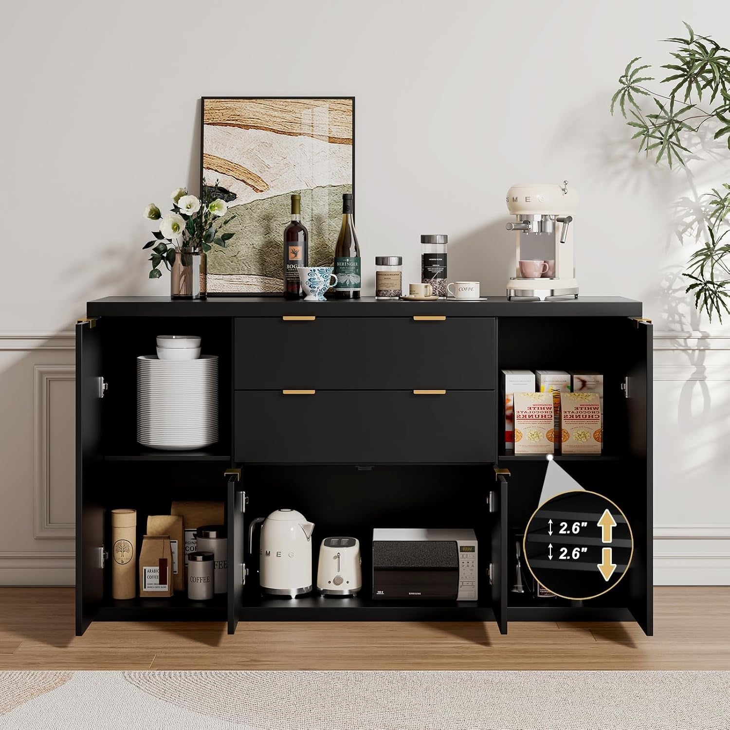56 Inch Black Fluted Buffet Cabinet With Adjustable Shelves