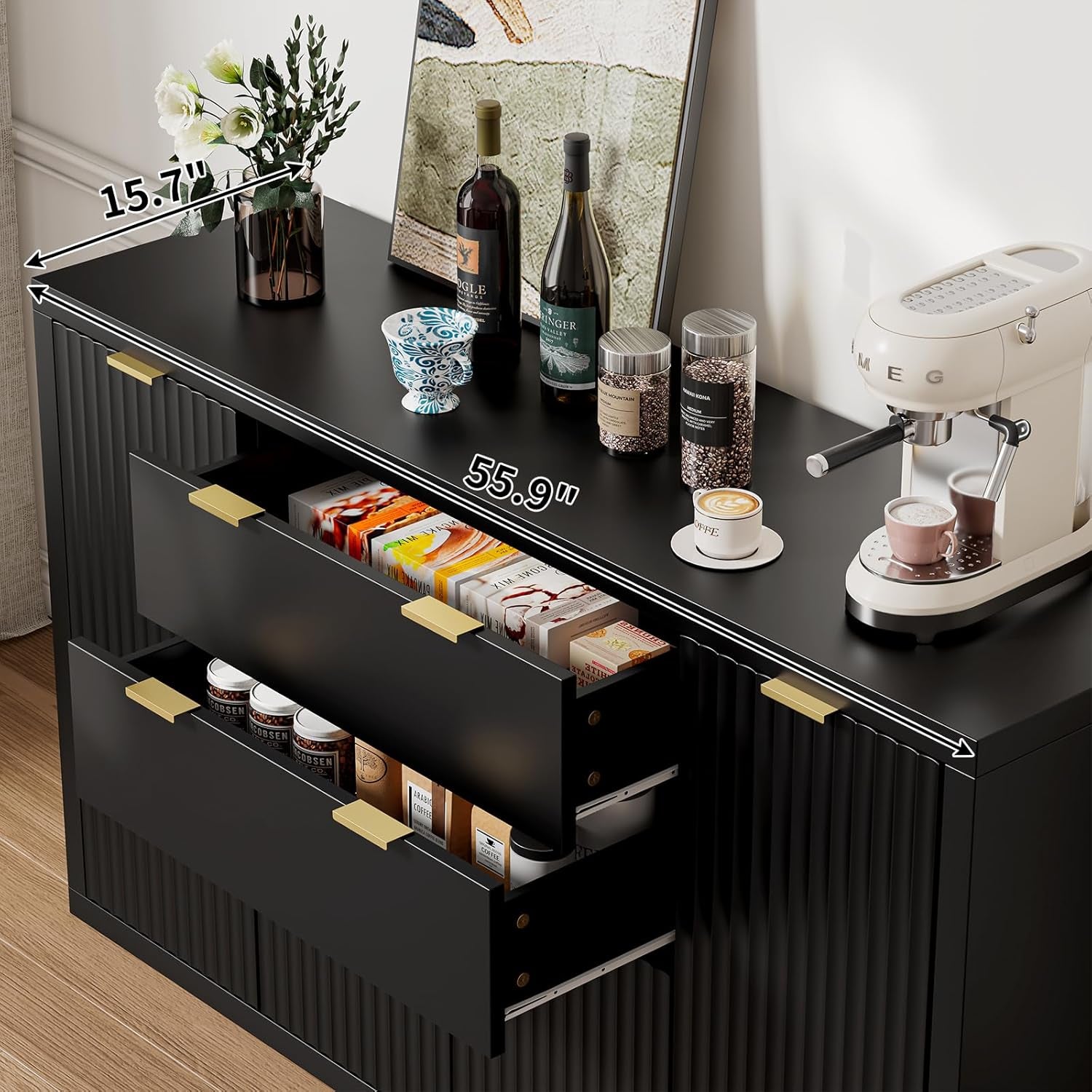 56 Inch Black Fluted Buffet Cabinet With Adjustable Shelves