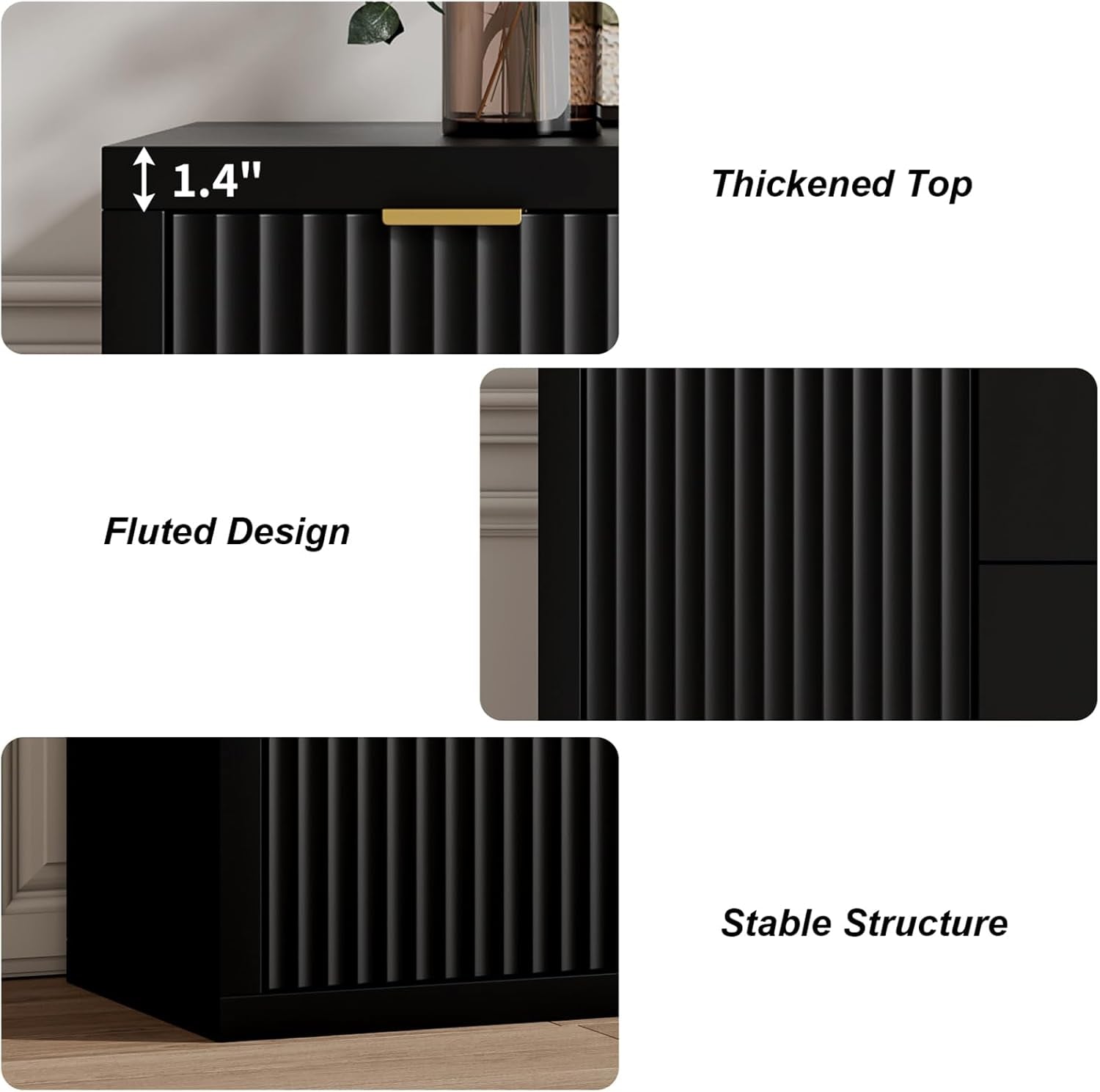 56 Inch Black Fluted Buffet Cabinet With Adjustable Shelves