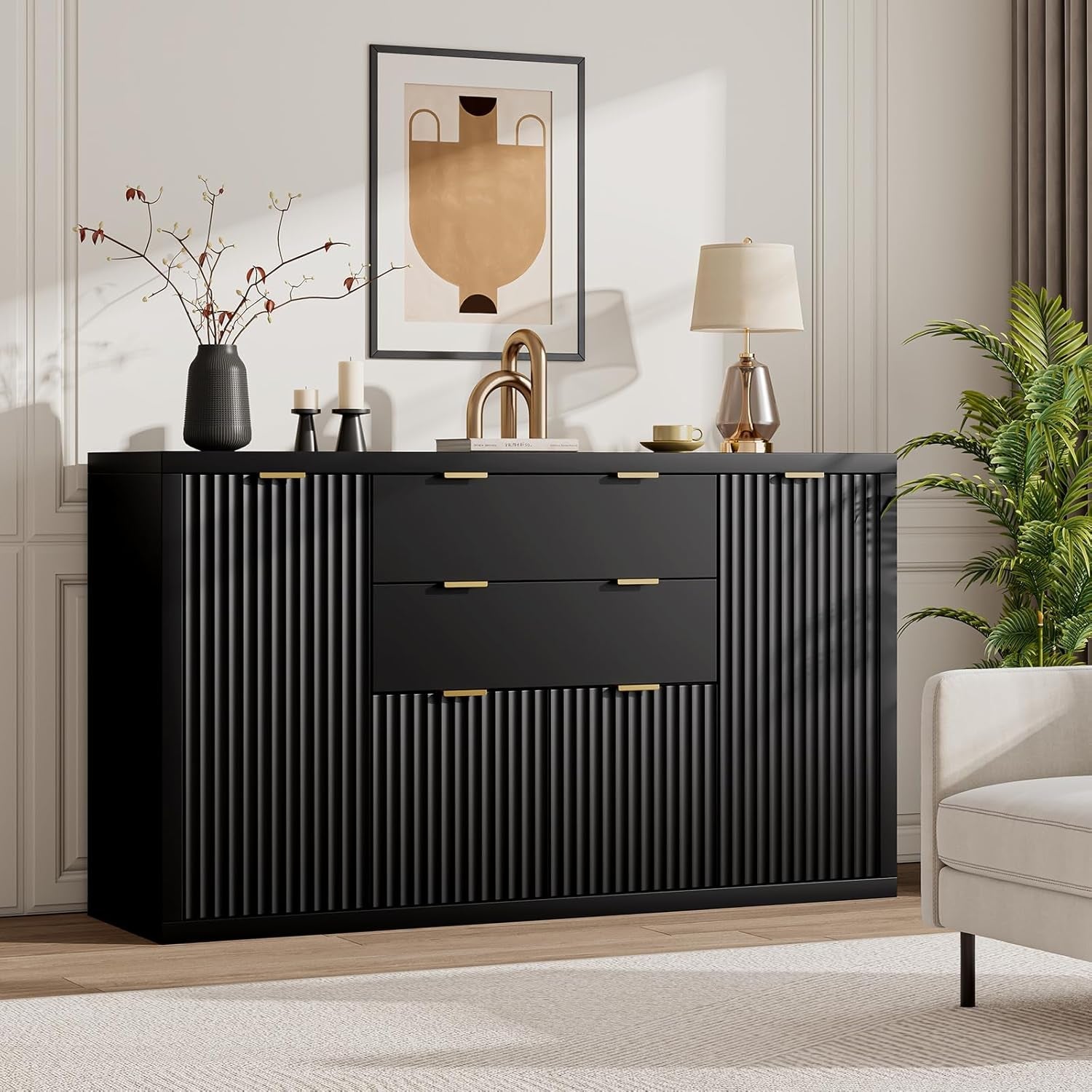 56 Inch Black Fluted Buffet Cabinet With Adjustable Shelves