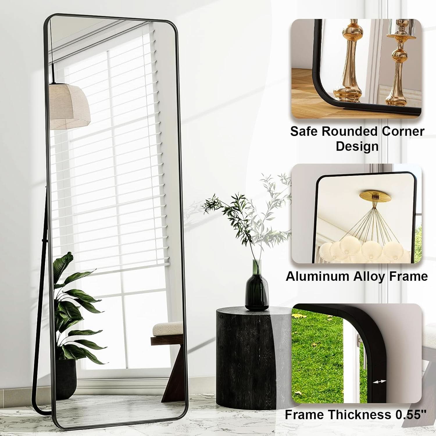 56 Inch Floor Standing Mirror With Black Aluminum Frame