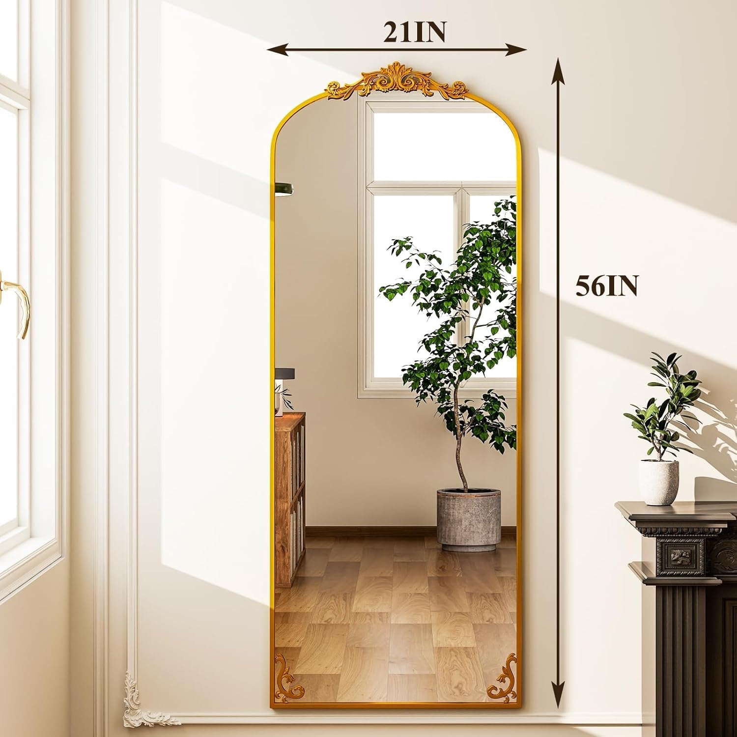 56 Inch Full Length Mirror Gold Vintage Carved Arched Frame