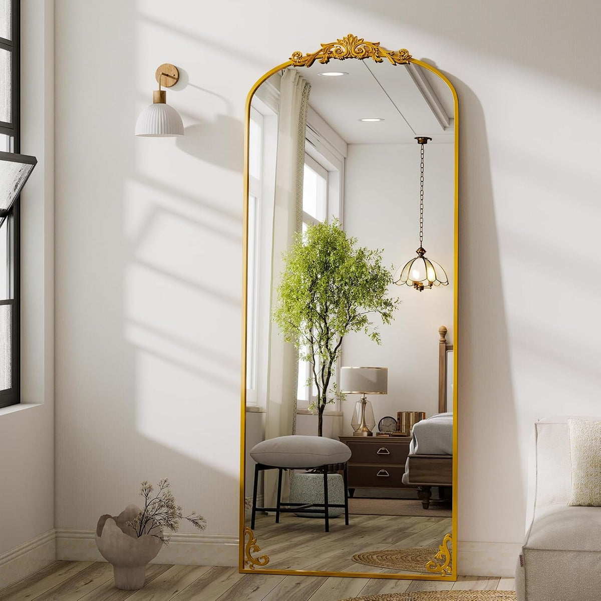 56 Inch Full Length Mirror Gold Vintage Carved Arched Frame