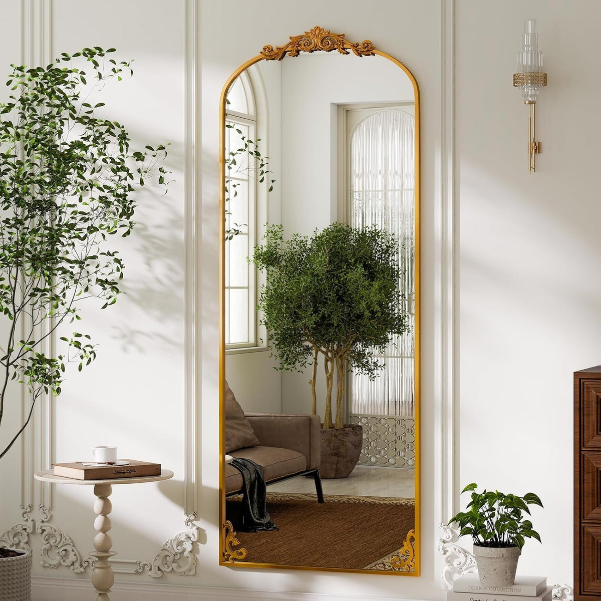56 Inch Full Length Mirror Gold Vintage Carved Arched Frame