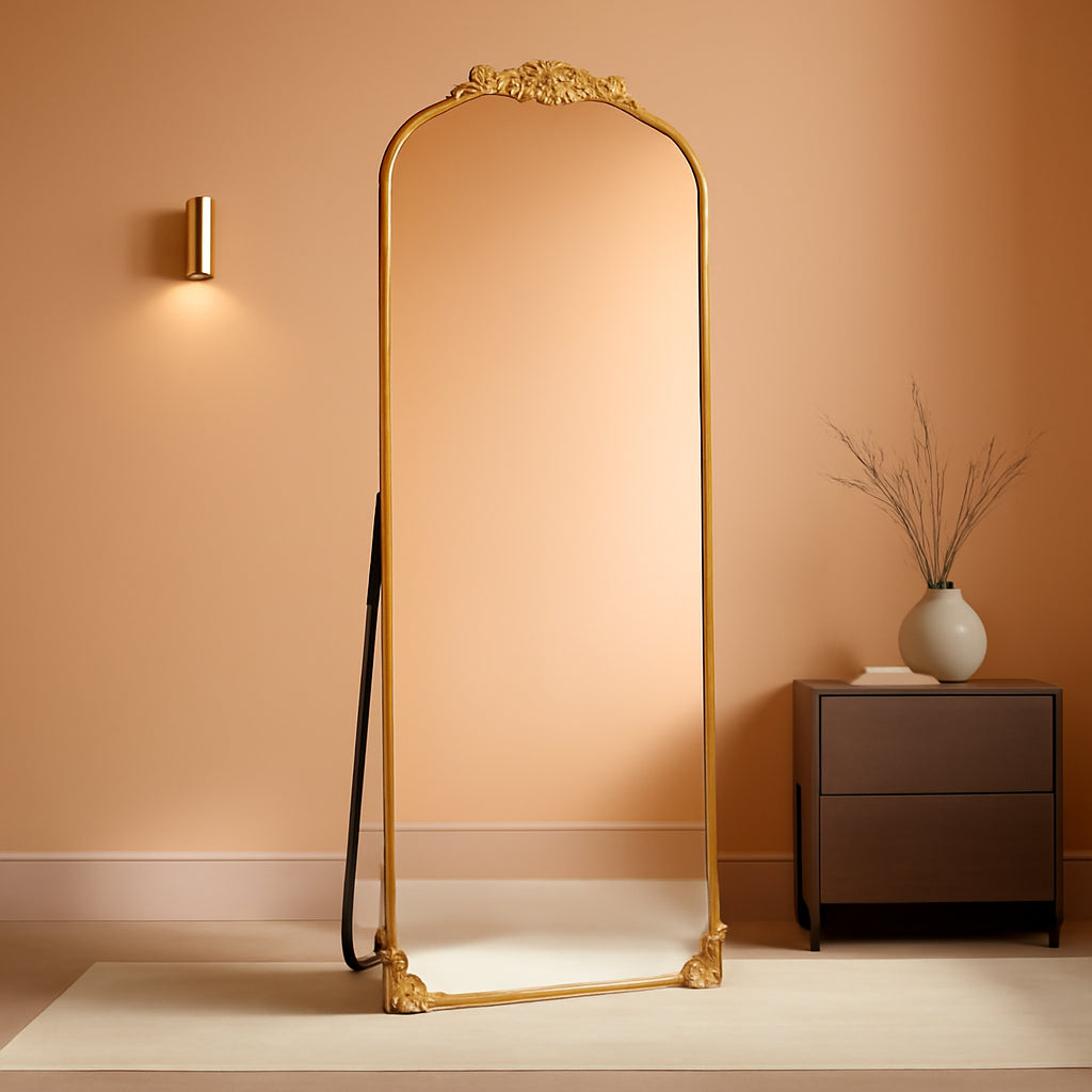 56 Inch Full Length Mirror Gold Vintage Carved Arched Frame