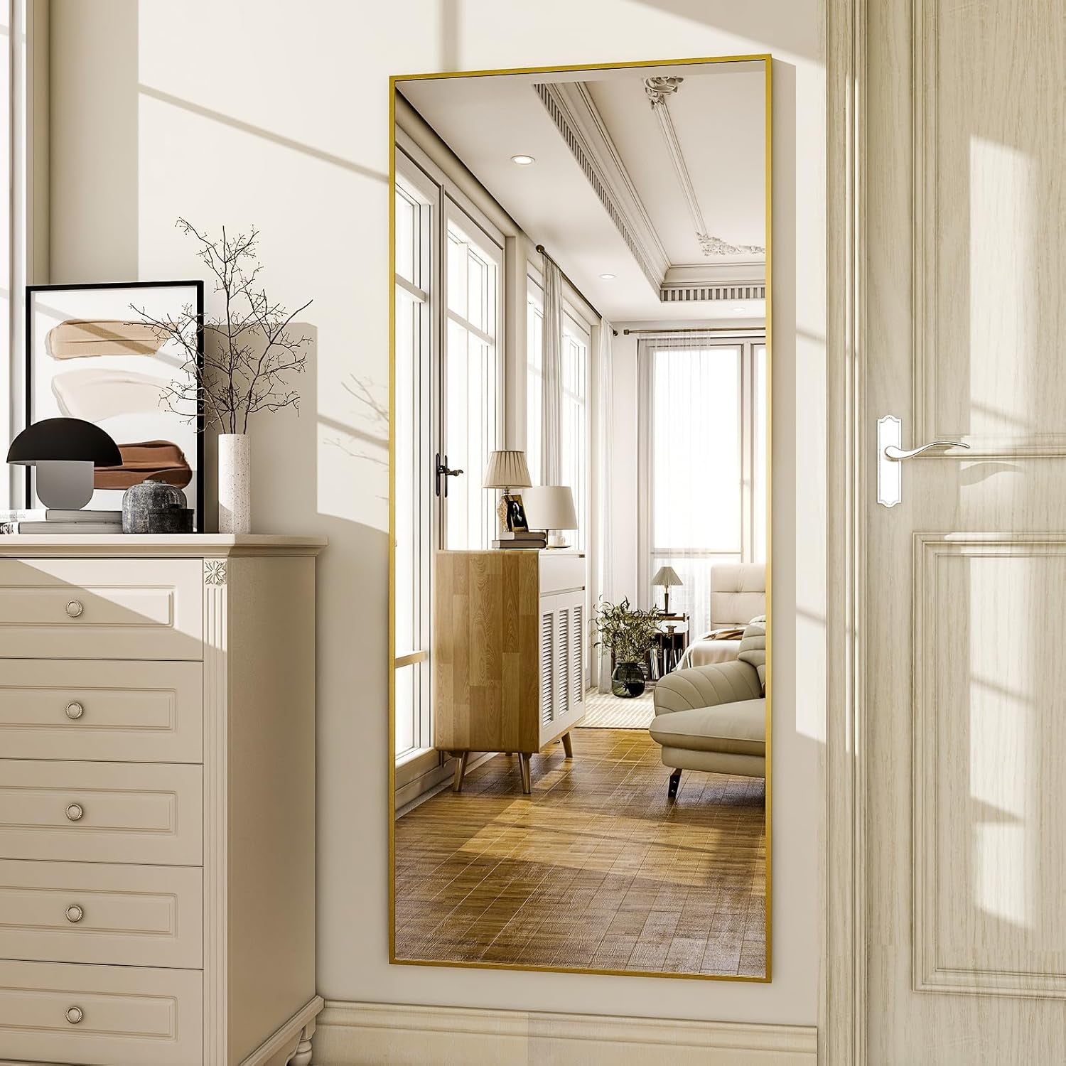 56 Inch Gold Full Length Floor Mirror With Stand Wall Mount