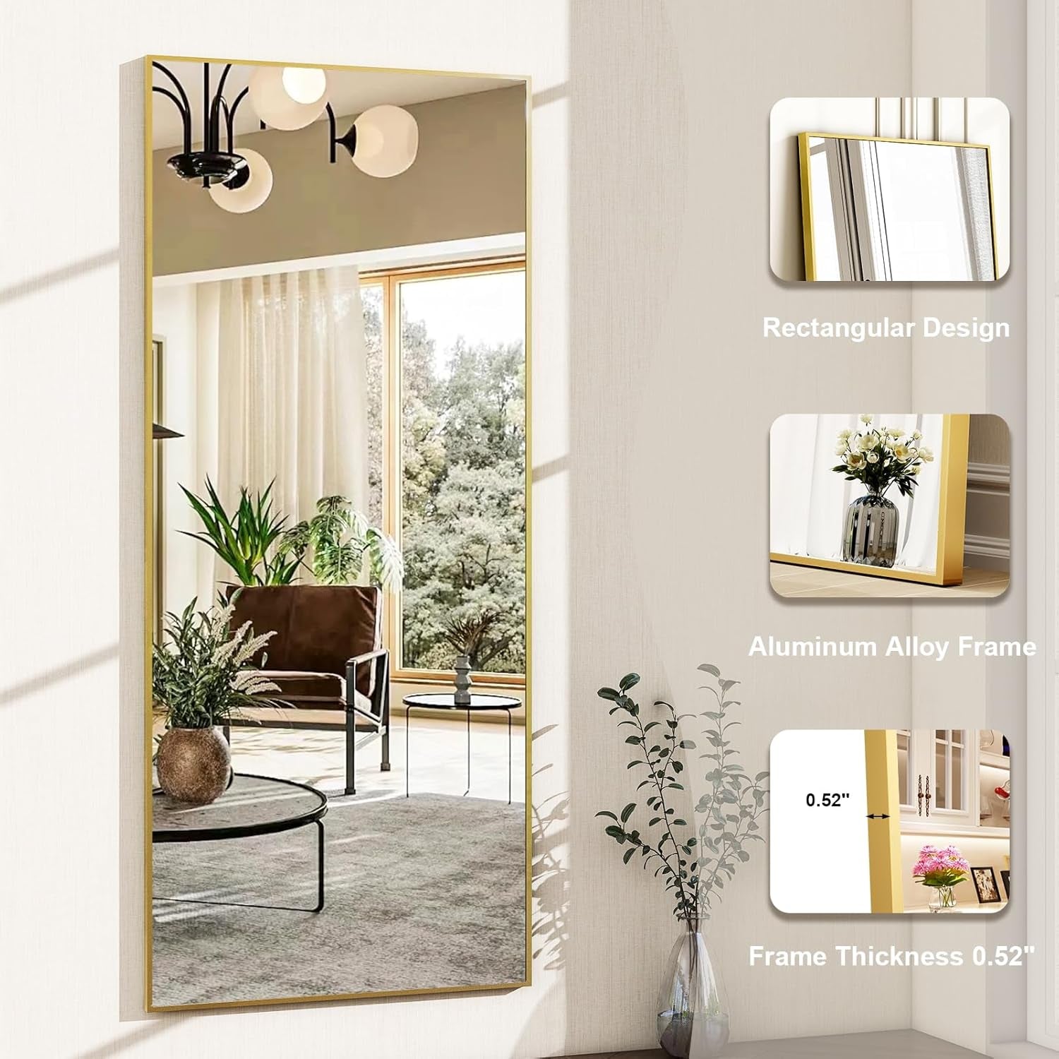 56 Inch Gold Full Length Floor Mirror With Stand Wall Mount