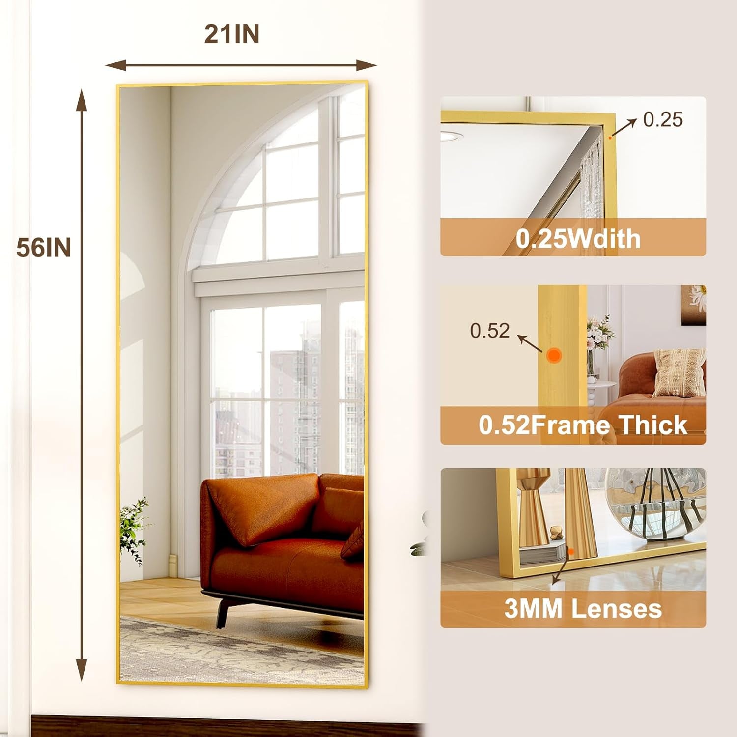 56 Inch Gold Full Length Floor Mirror With Stand Wall Mount