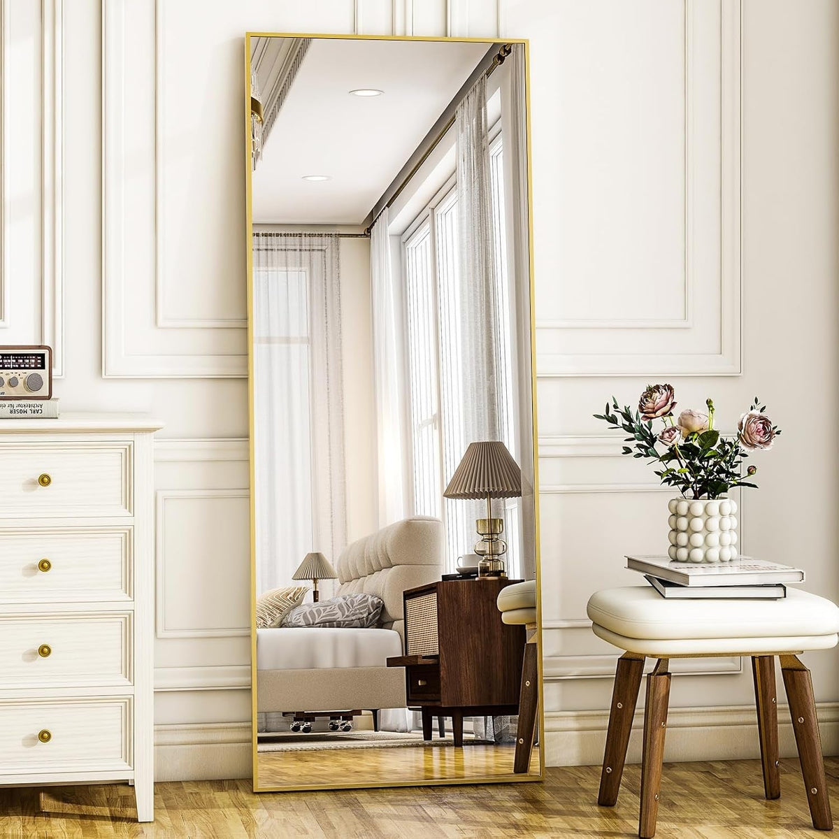 56 Inch Gold Full Length Floor Mirror With Stand Wall Mount