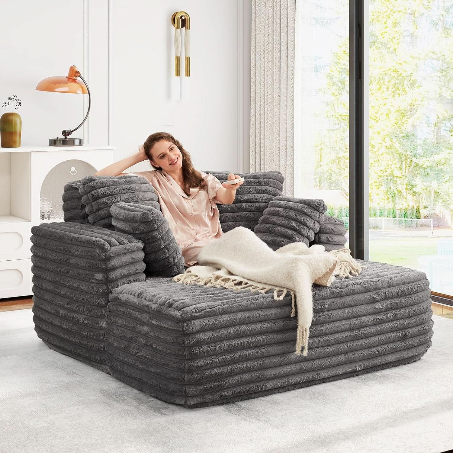 56 Inch Grey Ultra Deluxe Chaise Lounge Chair Cushioned