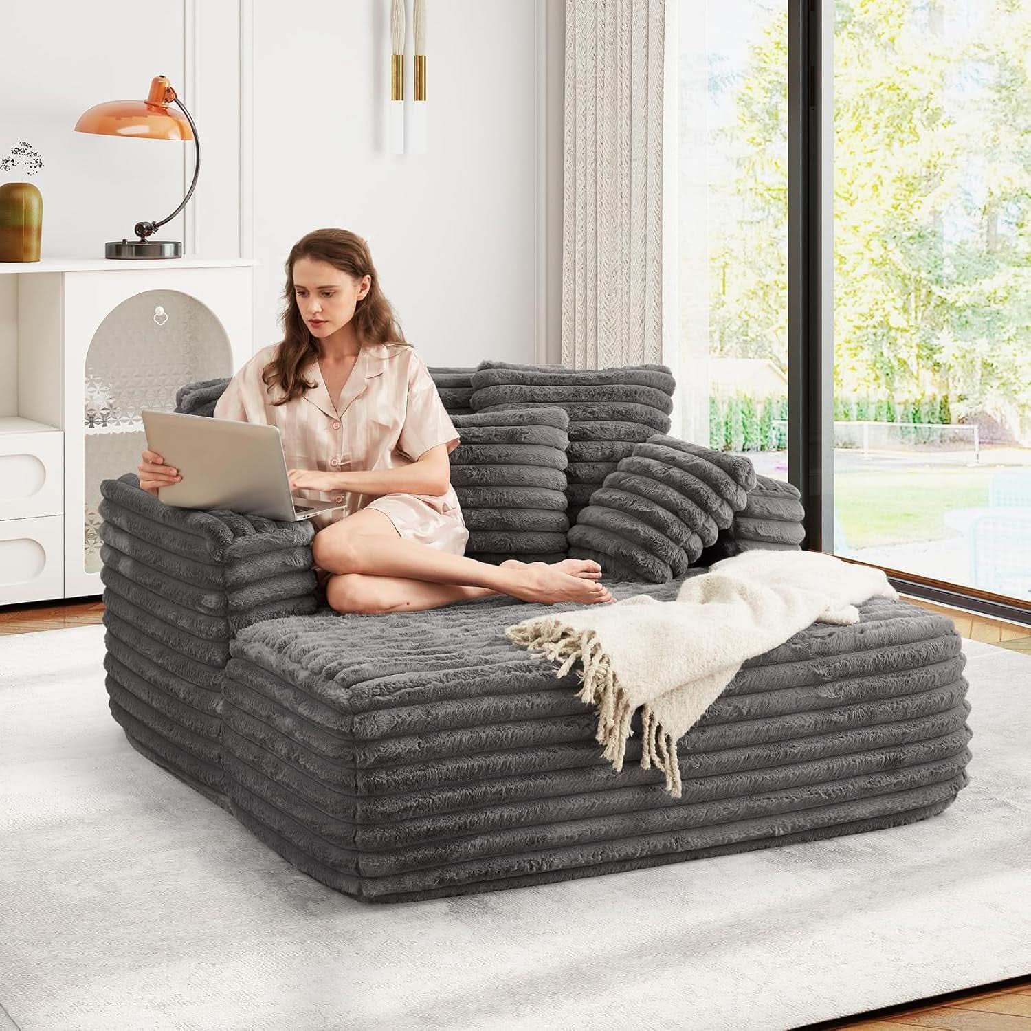 56 Inch Grey Ultra Deluxe Chaise Lounge Chair Cushioned
