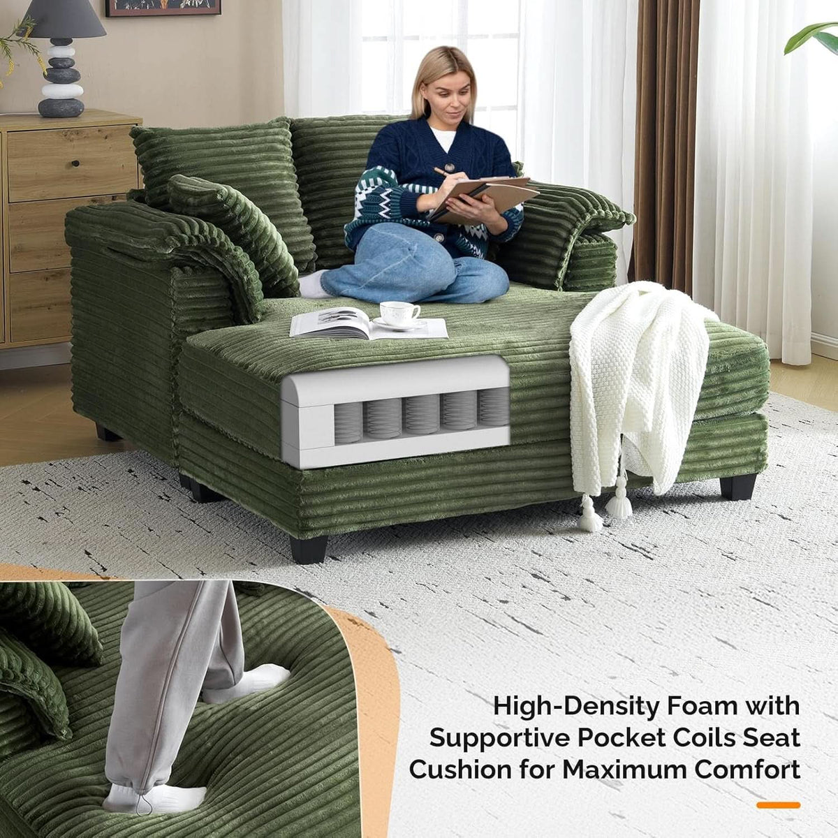 56-Inch Oversized Corduroy Lounge Chair With Armrests