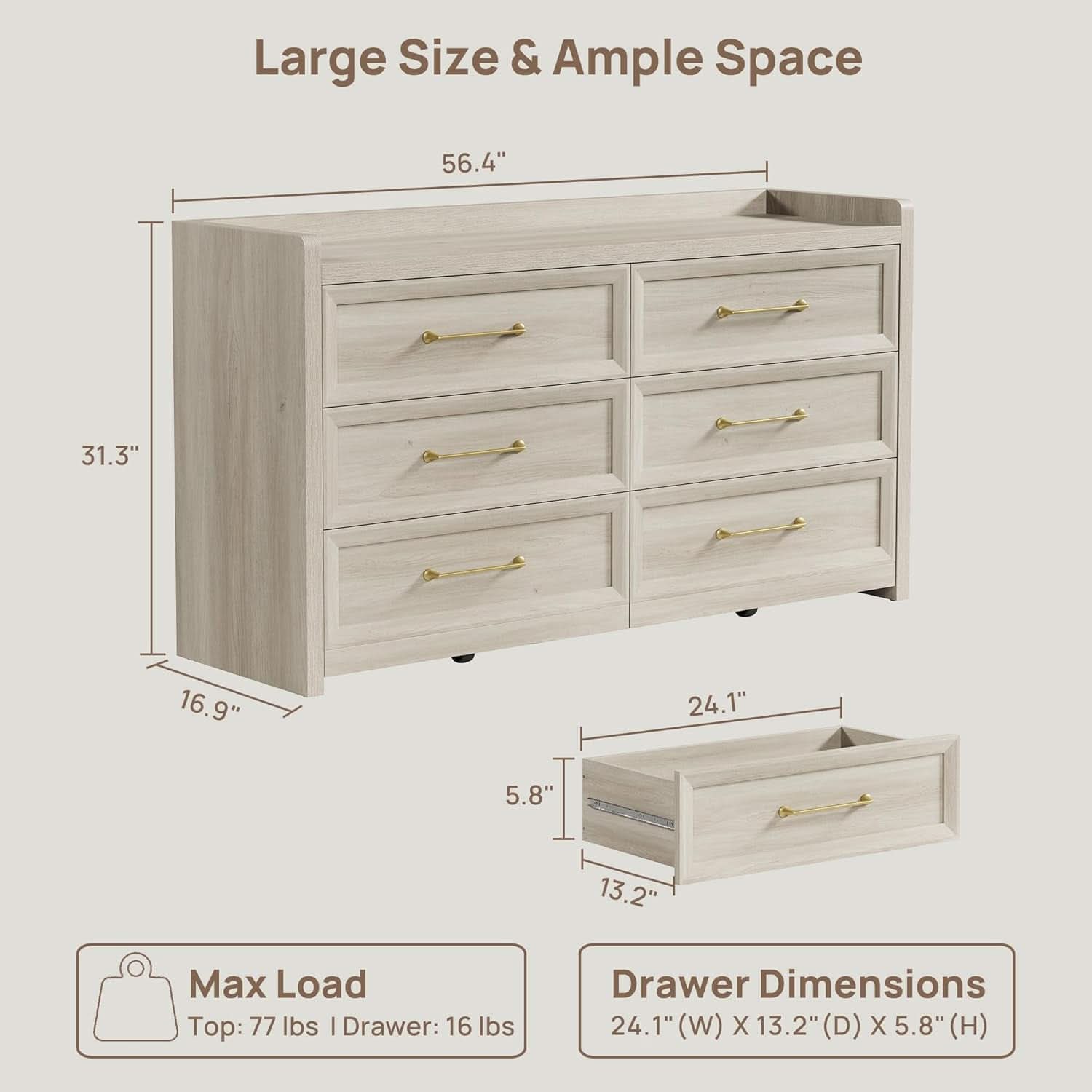 56InchExtraWideGreyOakDresser With LargeStorage Drawers