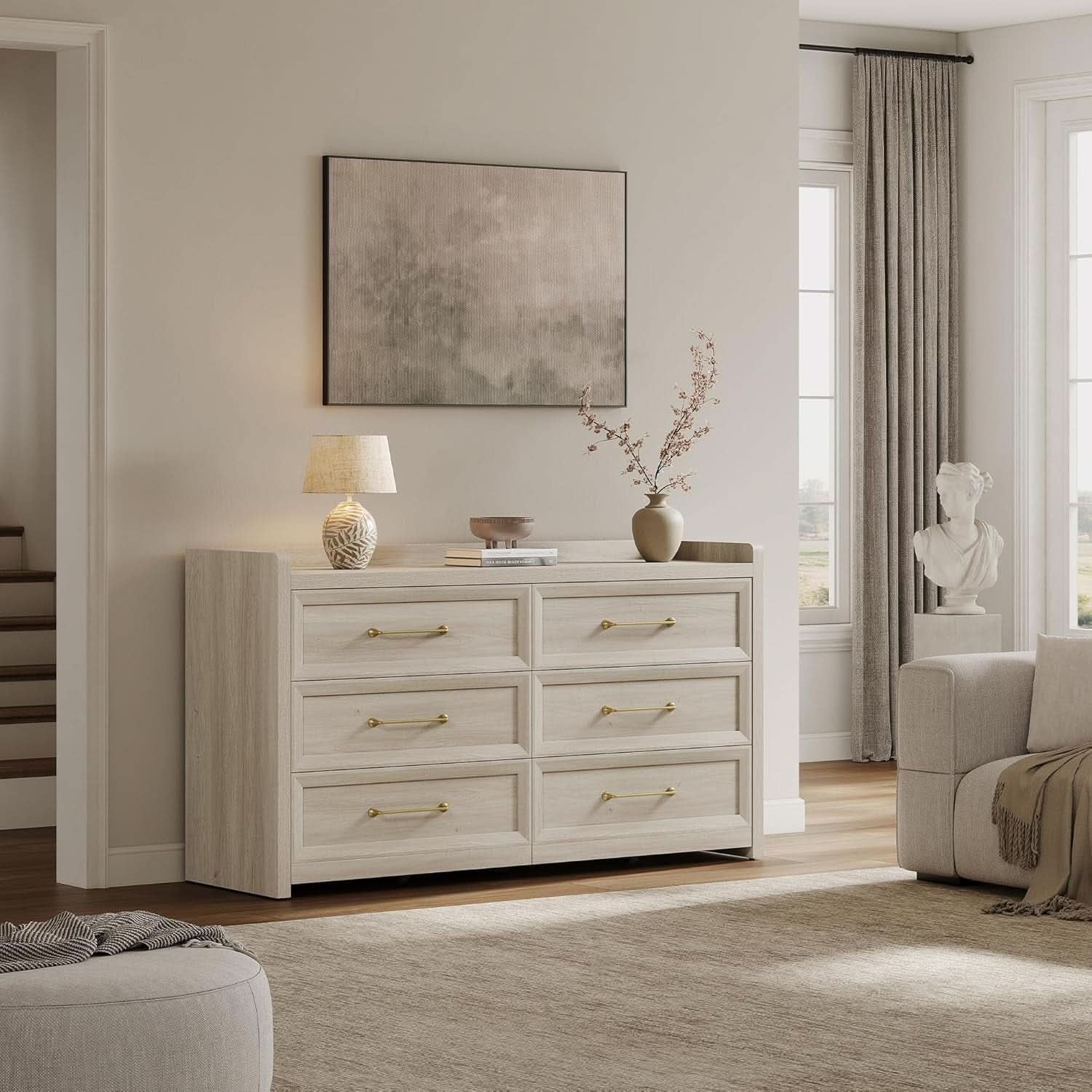56InchExtraWideGreyOakDresser With LargeStorage Drawers