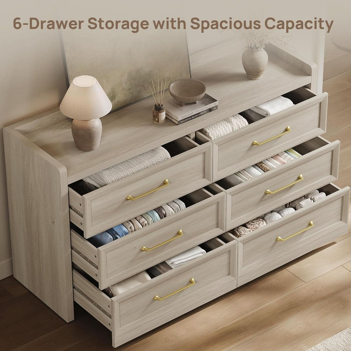 56InchExtraWideGreyOakDresser With LargeStorage Drawers