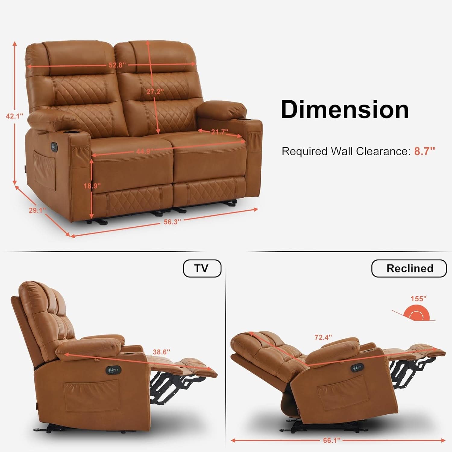 56.3 Inch Power Loveseat Recliner With Heat And Vibration