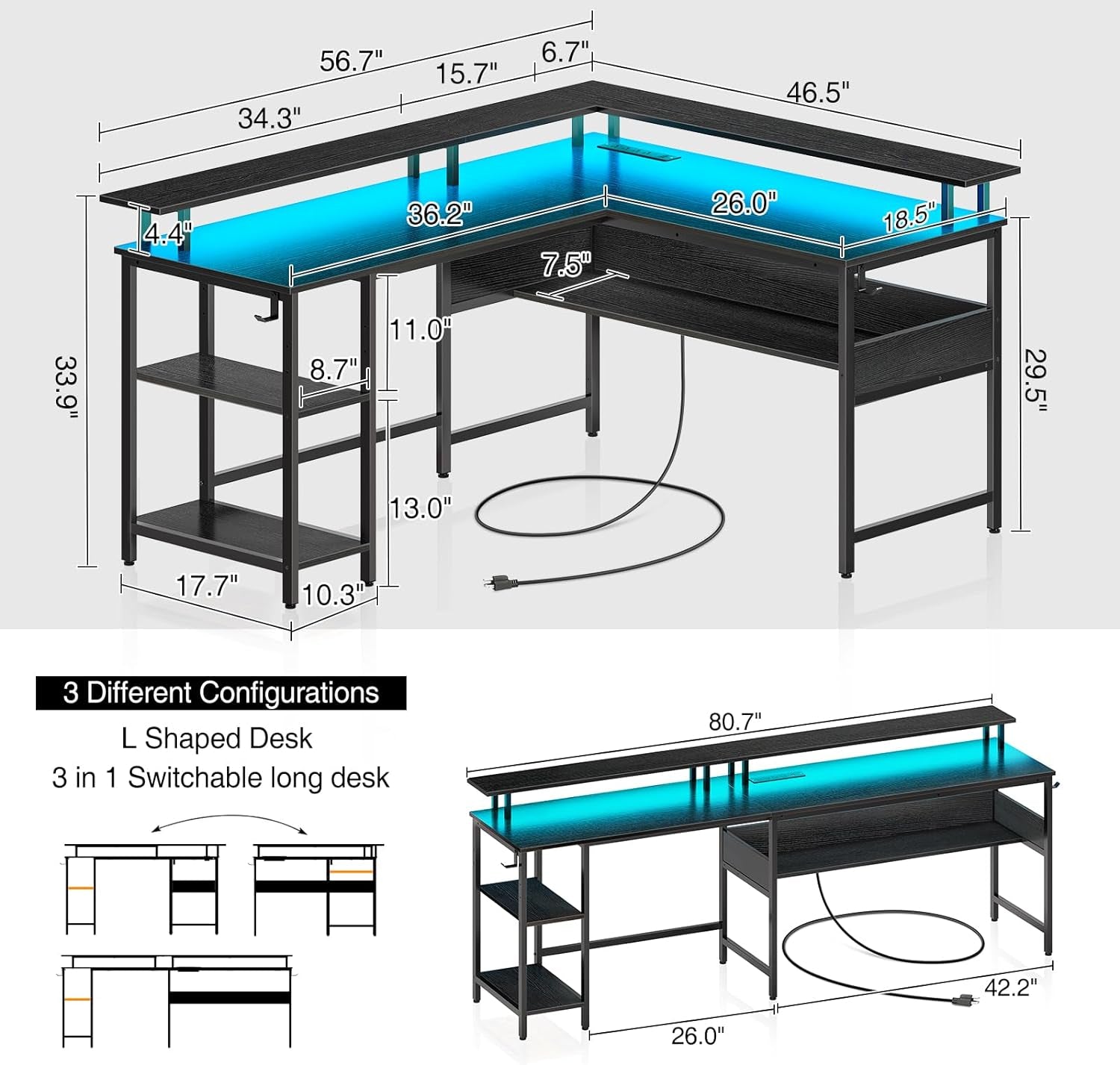 56.7 Inch L Shaped Computer Desk With LED Lighting