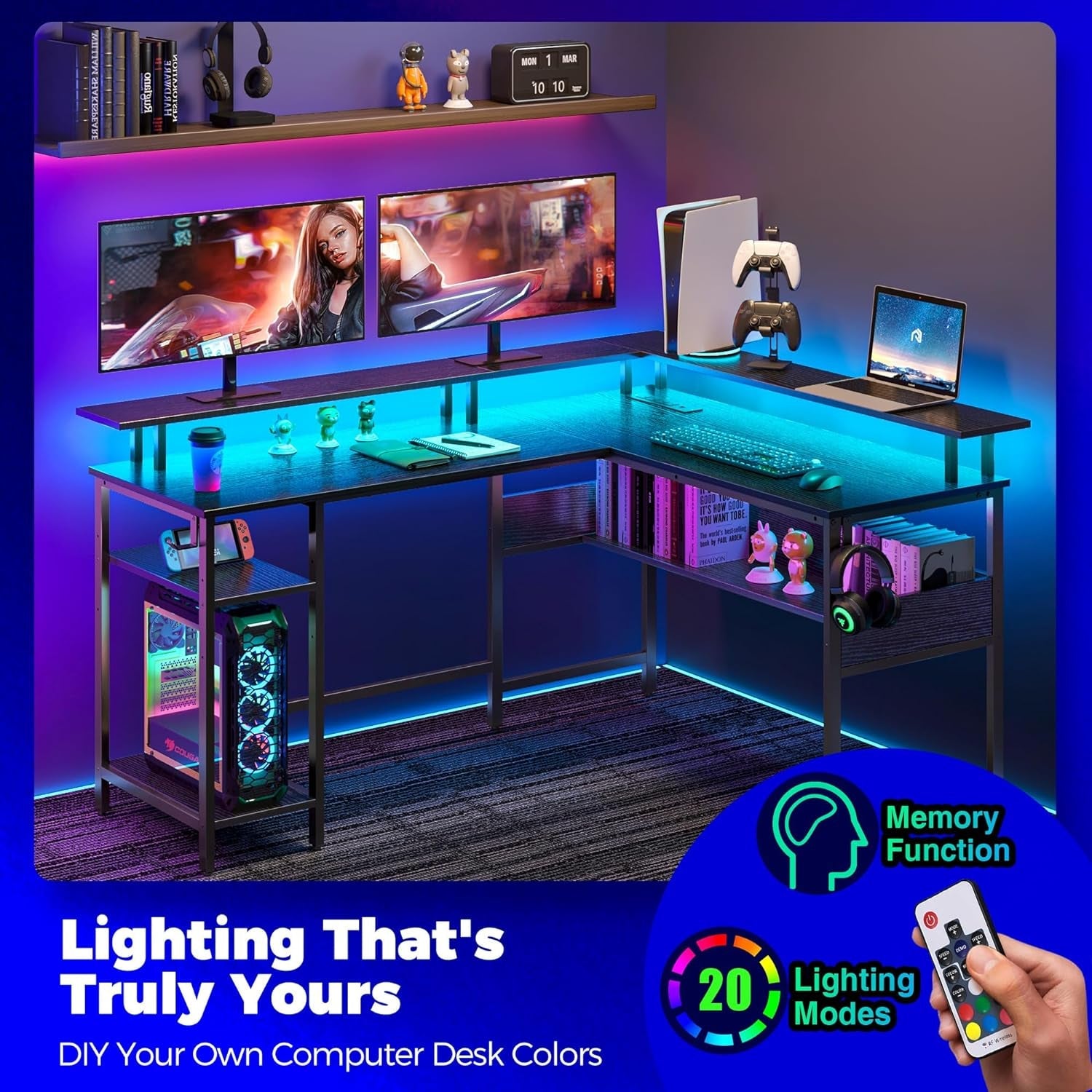 56.7 Inch L Shaped Computer Desk With LED Lighting