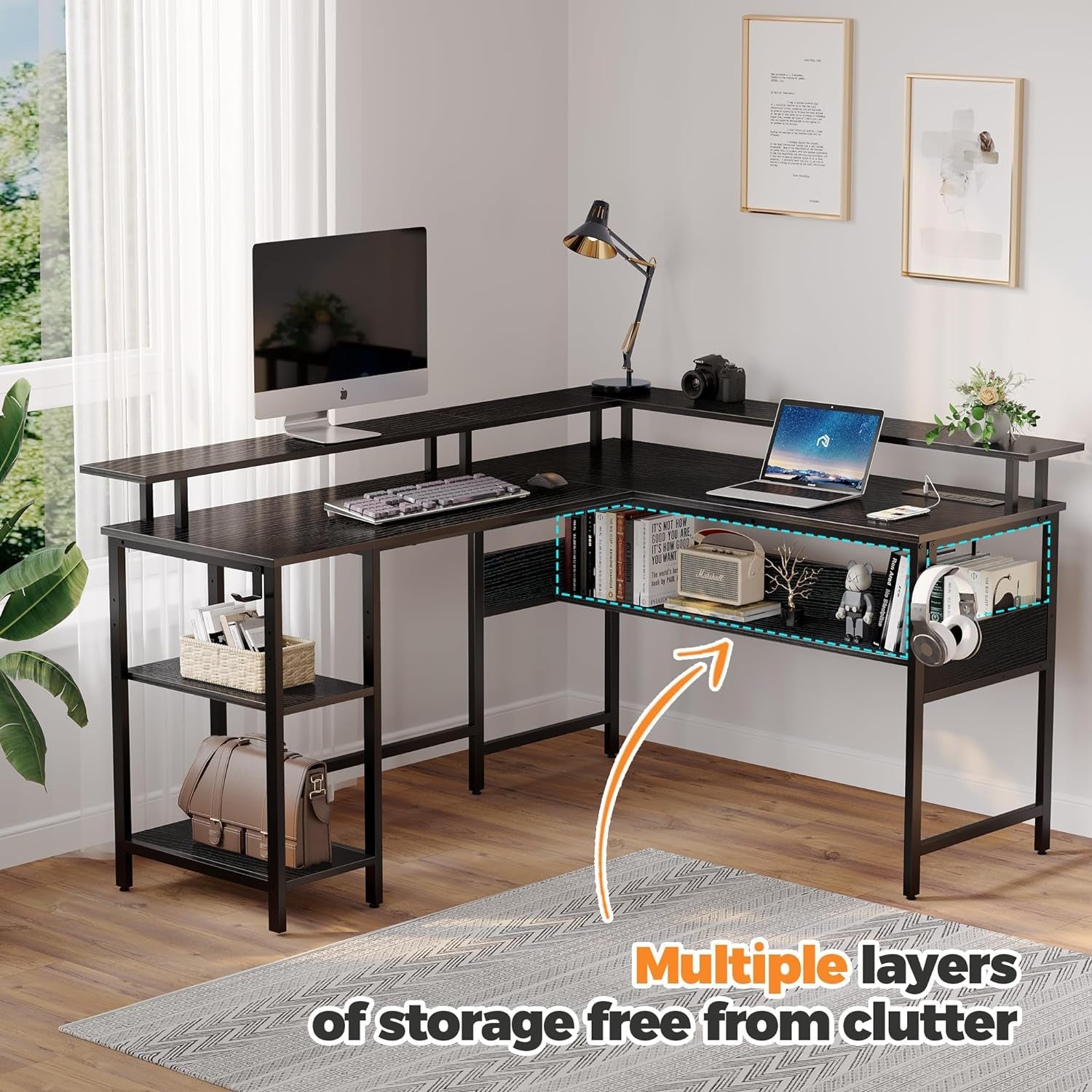 56.7 Inch L Shaped Computer Desk With LED Lighting
