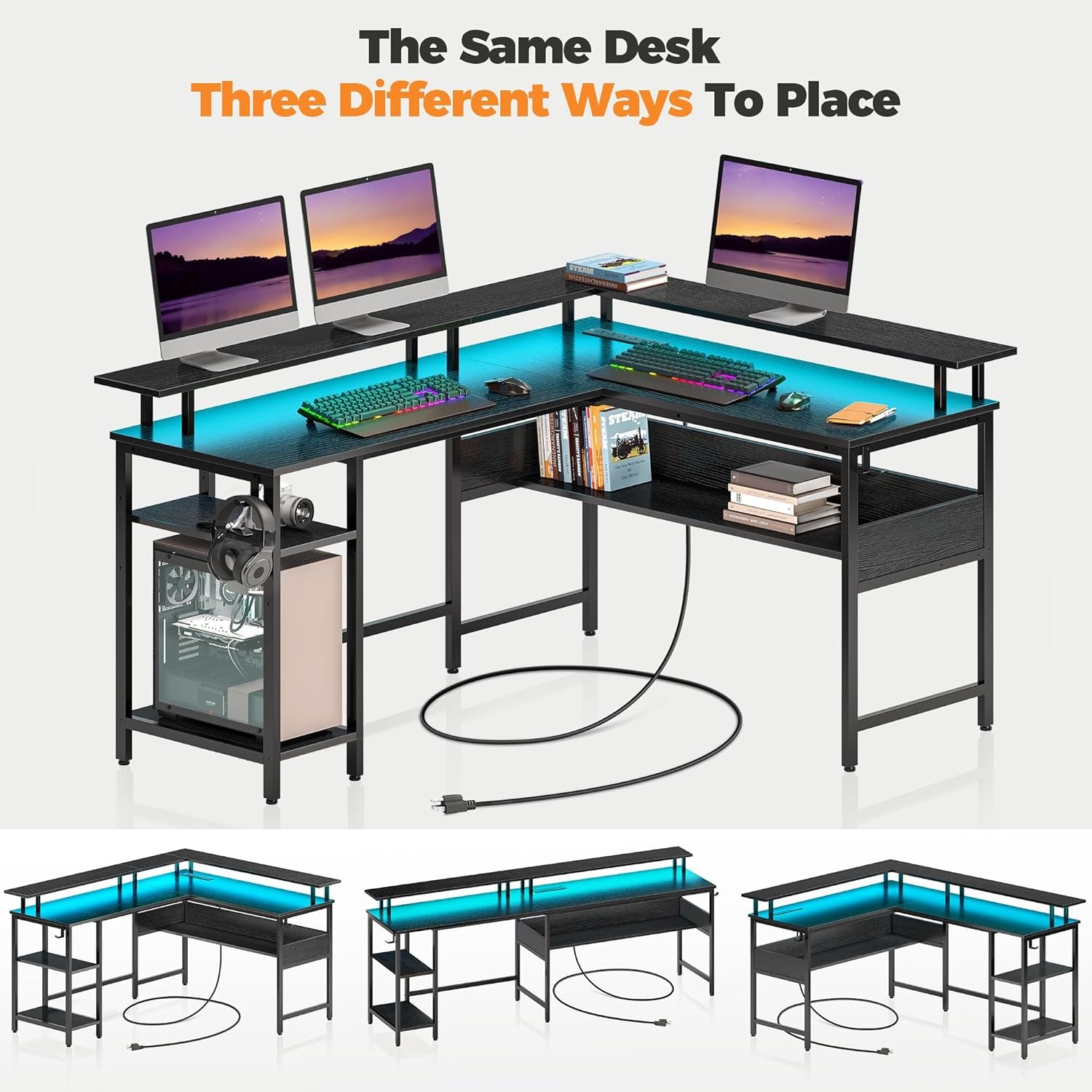 56.7 Inch L Shaped Computer Desk With LED Lighting