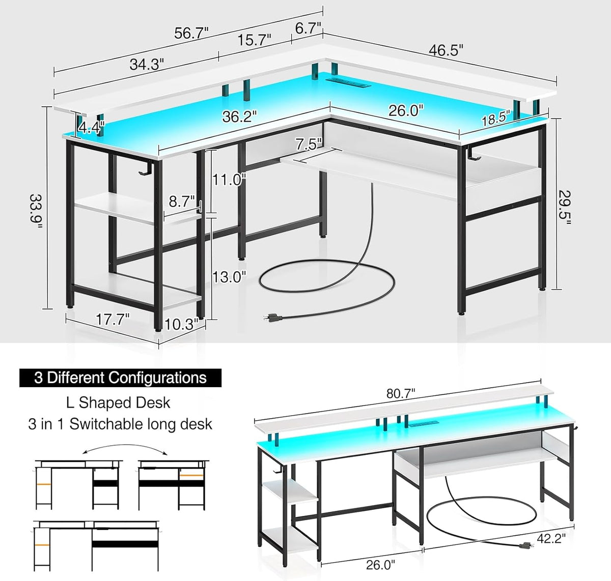 56.7 Inch L Shaped Desk With LED Lights And USB Port