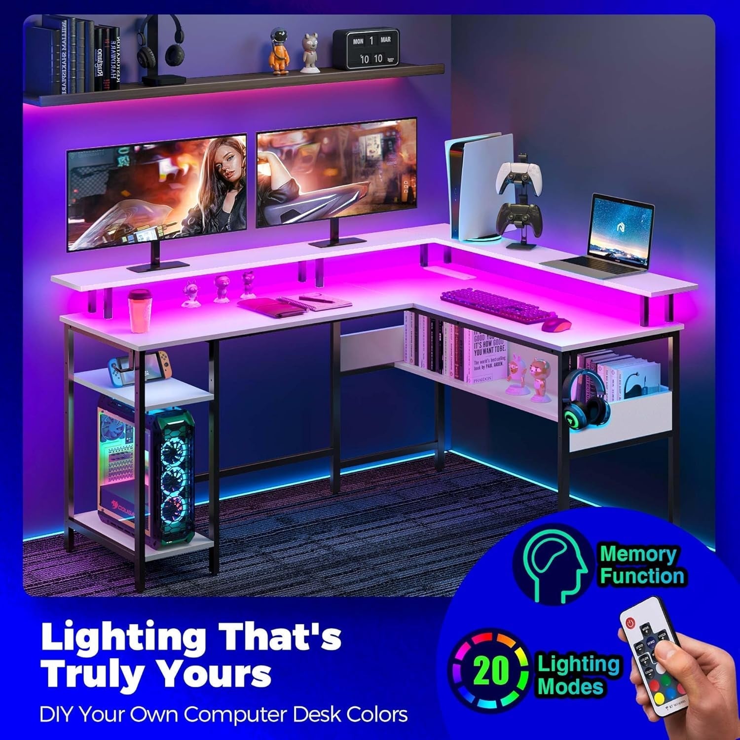 56.7 Inch L Shaped Desk With LED Lights And USB Port