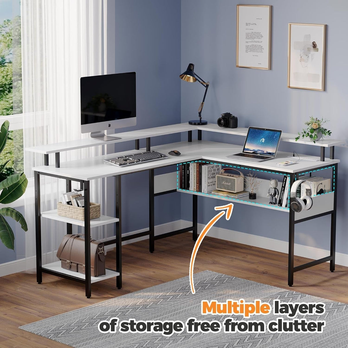 56.7 Inch L Shaped Desk With LED Lights And USB Port