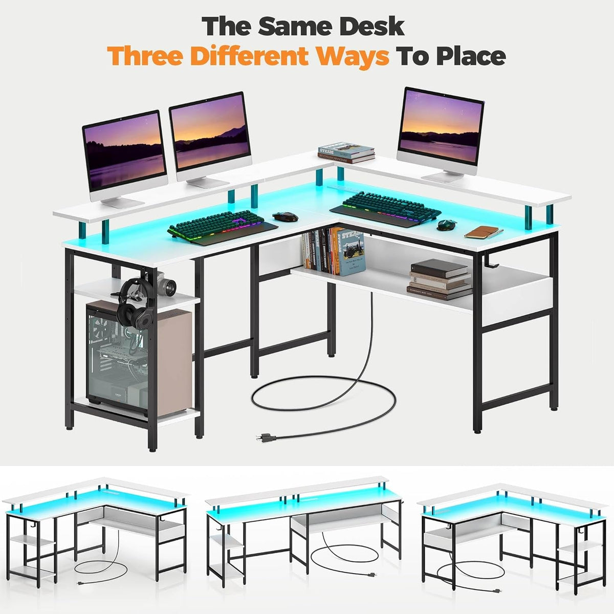 56.7 Inch L Shaped Desk With LED Lights And USB Port