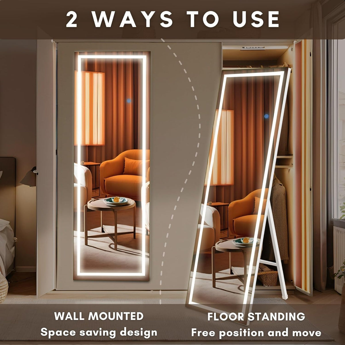 56x18 Inch LED Full Length Mirror With Three Color Lights