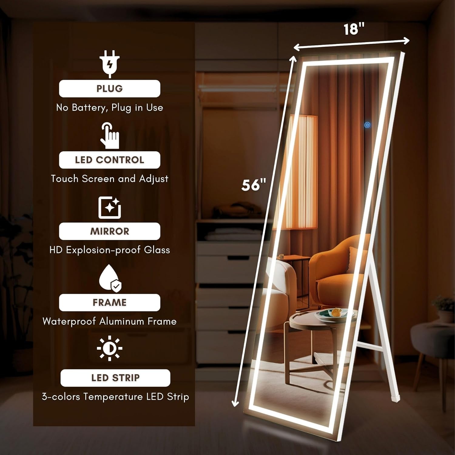 56x18 Inch LED Full Length Mirror With Three Color Lights