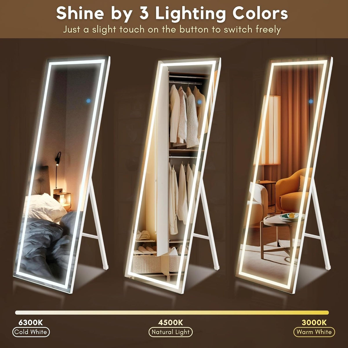 56x18 Inch LED Full Length Mirror With Three Color Lights