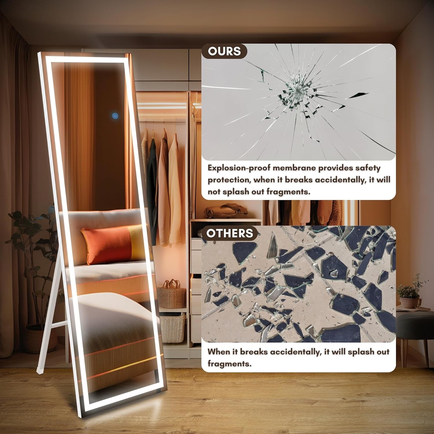 56x18 Inch LED Full Length Mirror With Three Color Lights