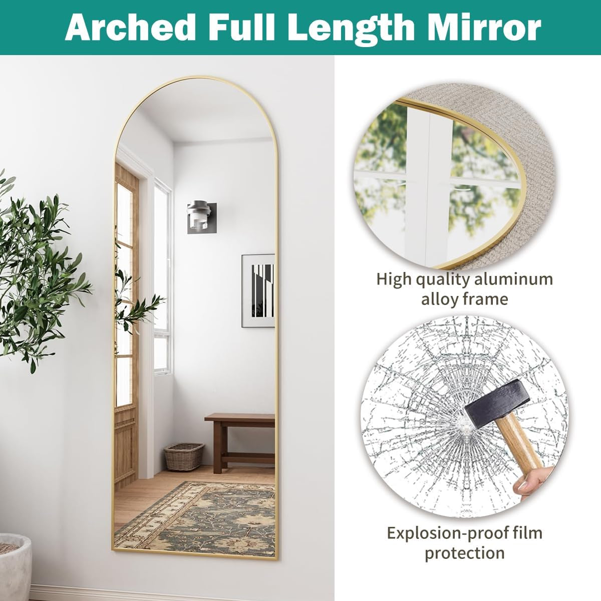 57 Inch Arched Floor Mirror With Stand Gold Aluminum Frame