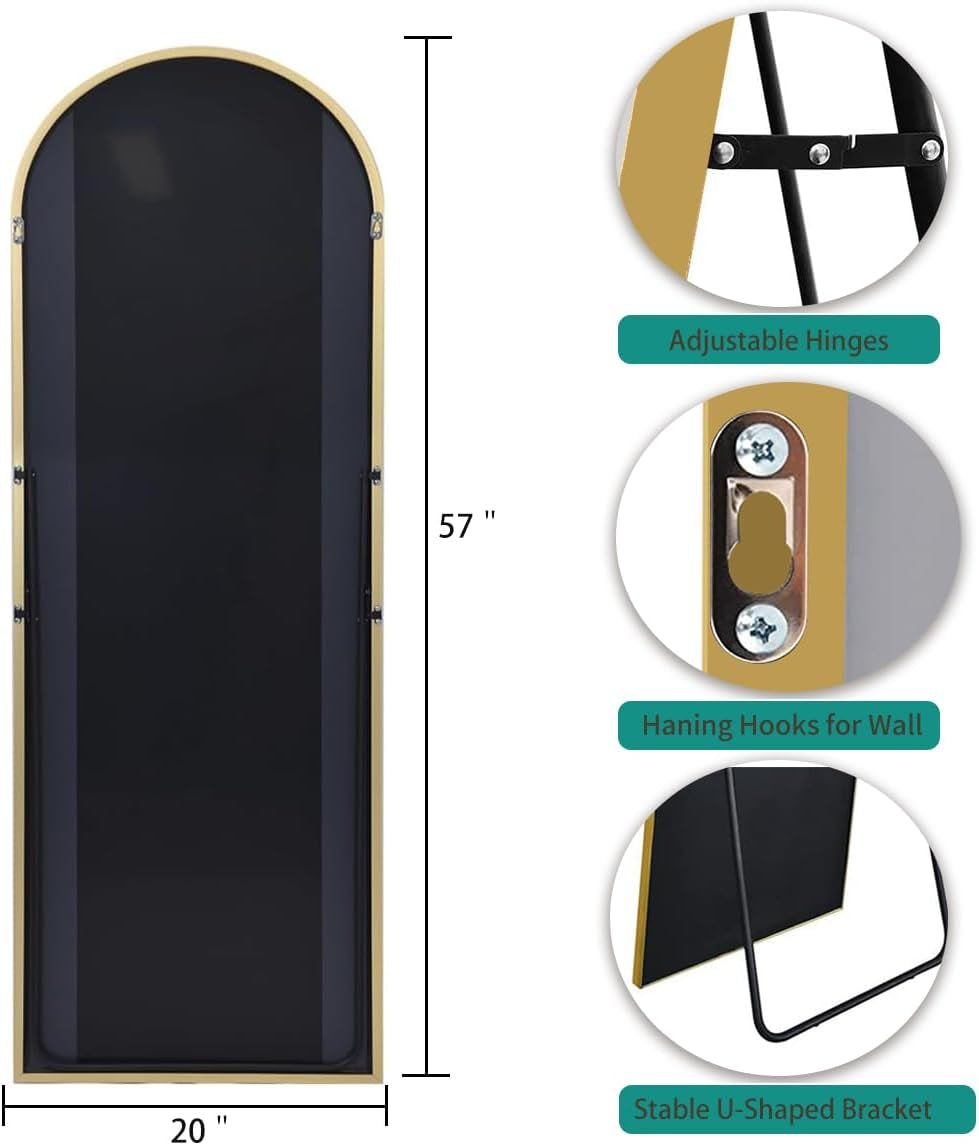 57 Inch Arched Floor Mirror With Stand Gold Aluminum Frame