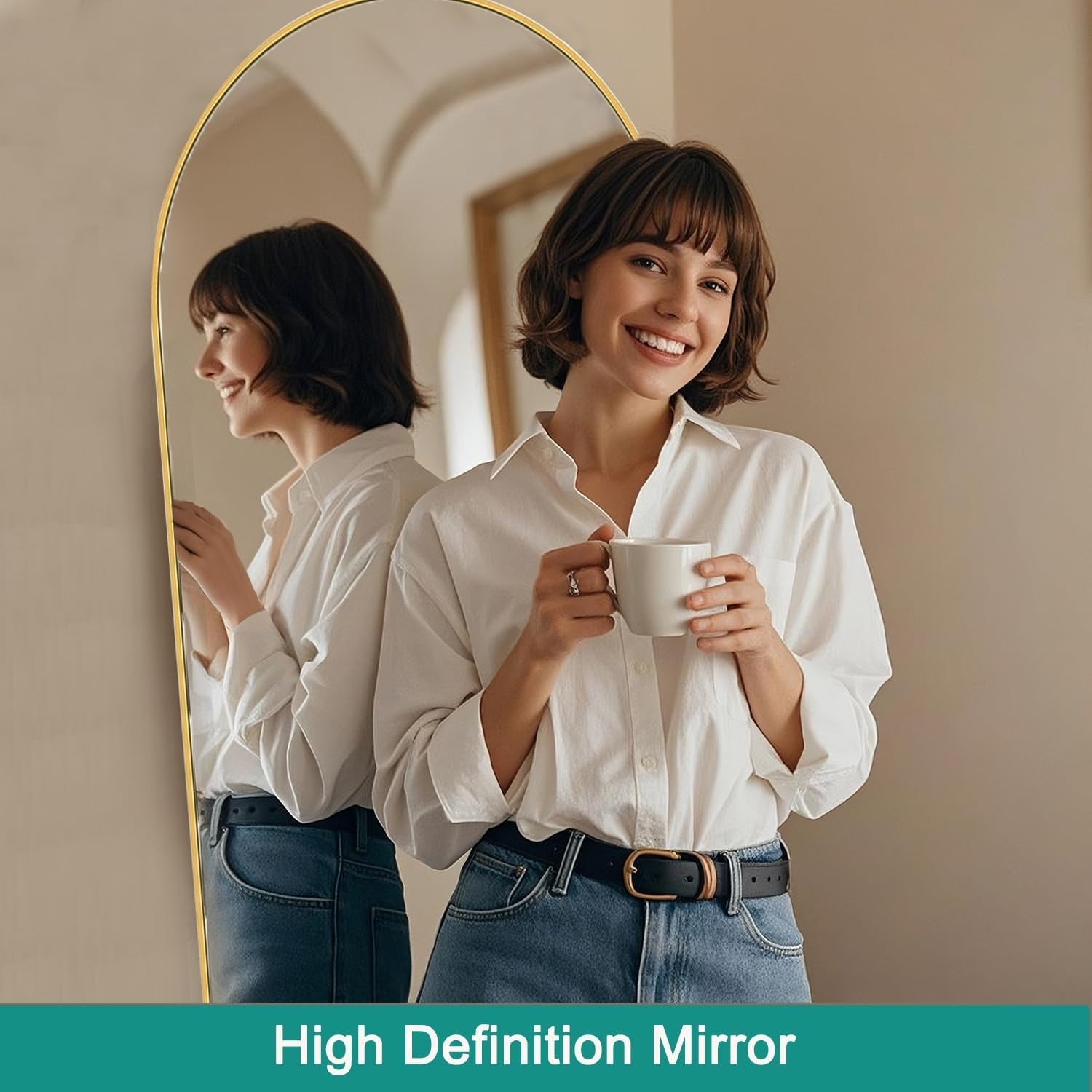 57 Inch Arched Floor Mirror With Stand Gold Aluminum Frame