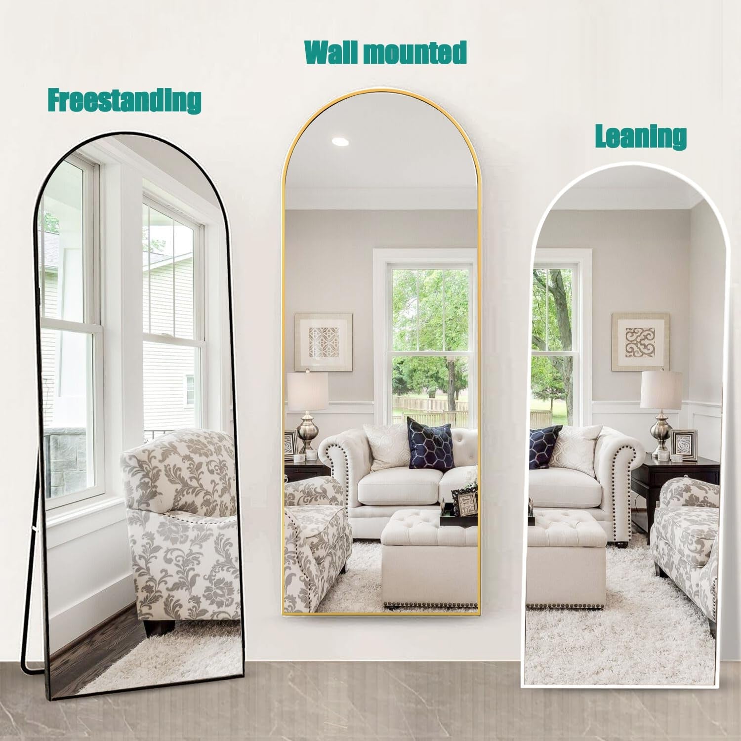 57 Inch Arched Floor Mirror With Stand Gold Aluminum Frame
