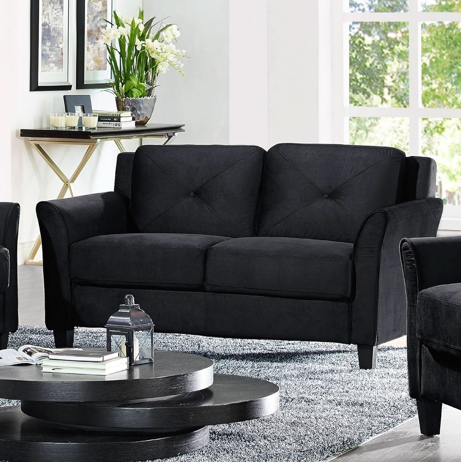 57 Inch Black Loveseat With Tufted Back Stain Resistant