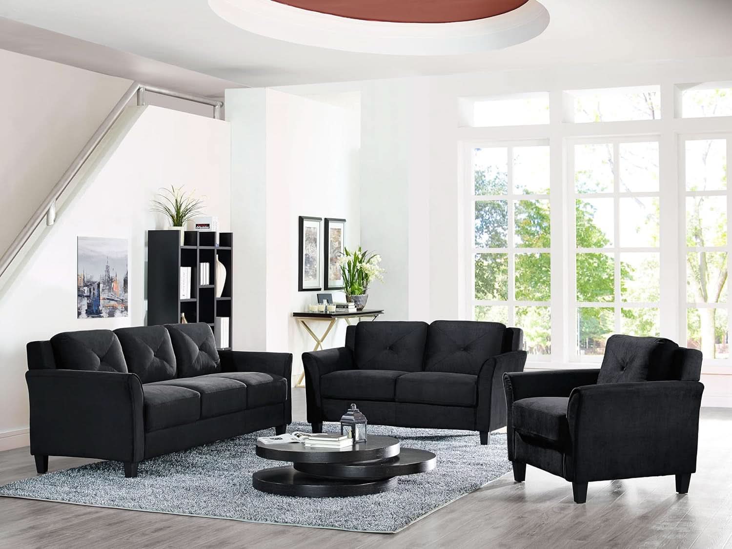 57 Inch Black Loveseat With Tufted Back Stain Resistant