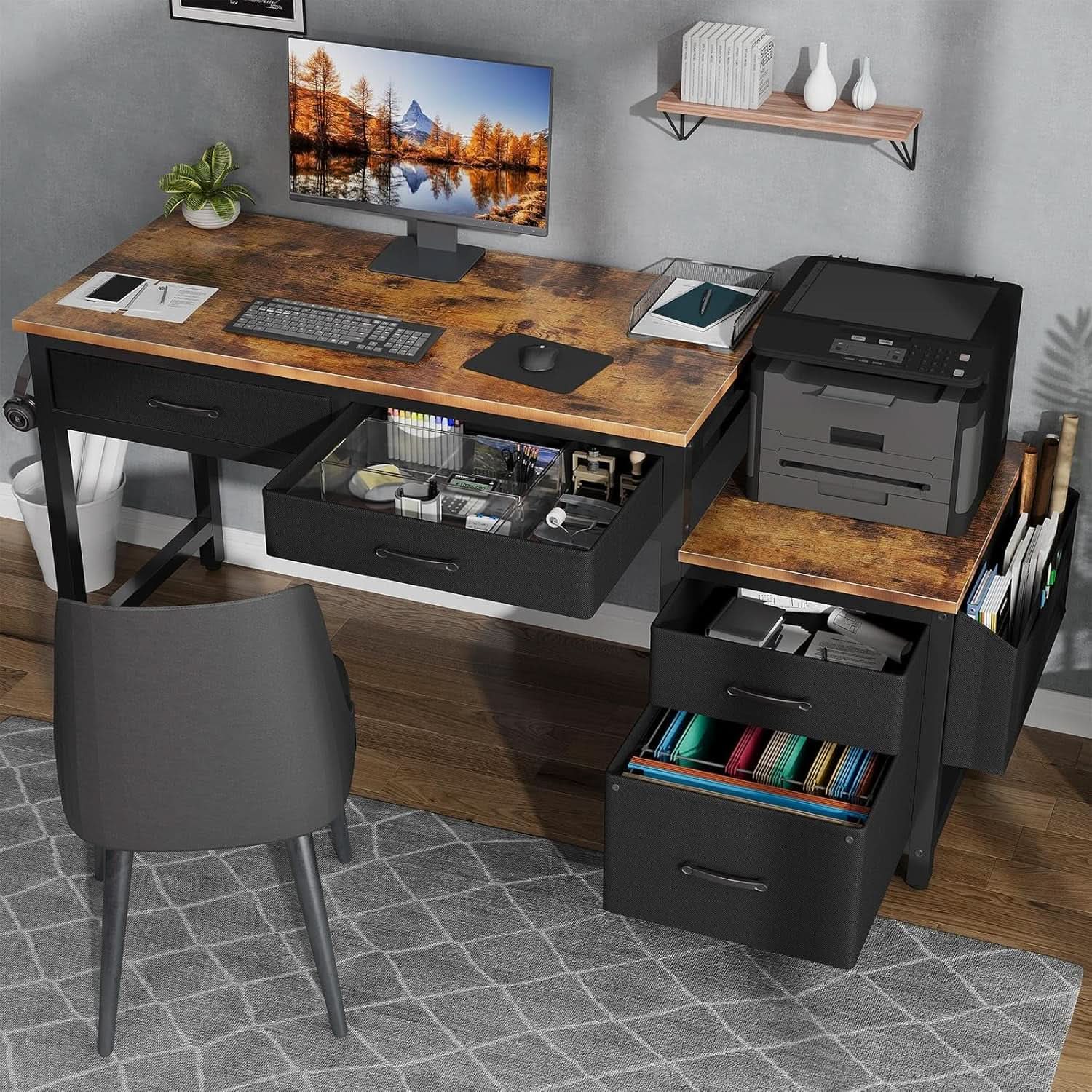 57 Inch Computer Desk Reversible With Fabric File Drawers