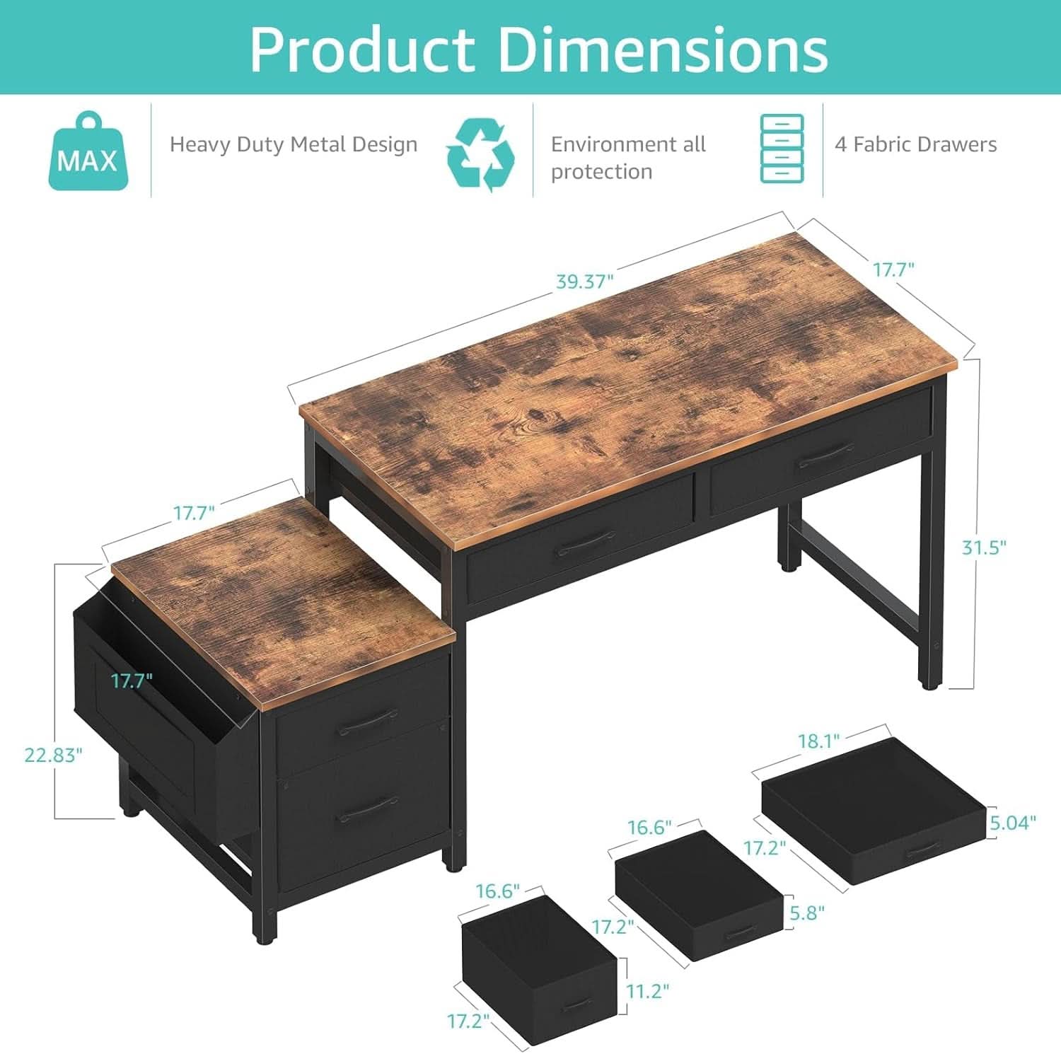 57 Inch Computer Desk Reversible With Fabric File Drawers