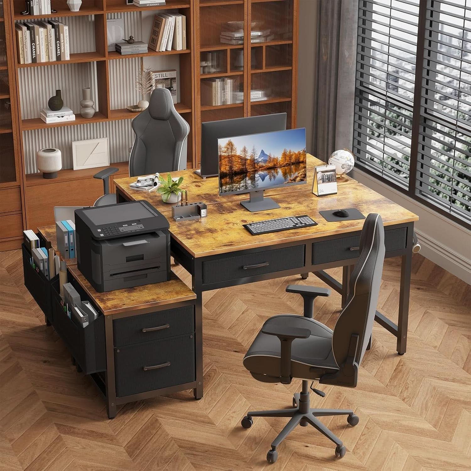 57 Inch Computer Desk Reversible With Fabric File Drawers