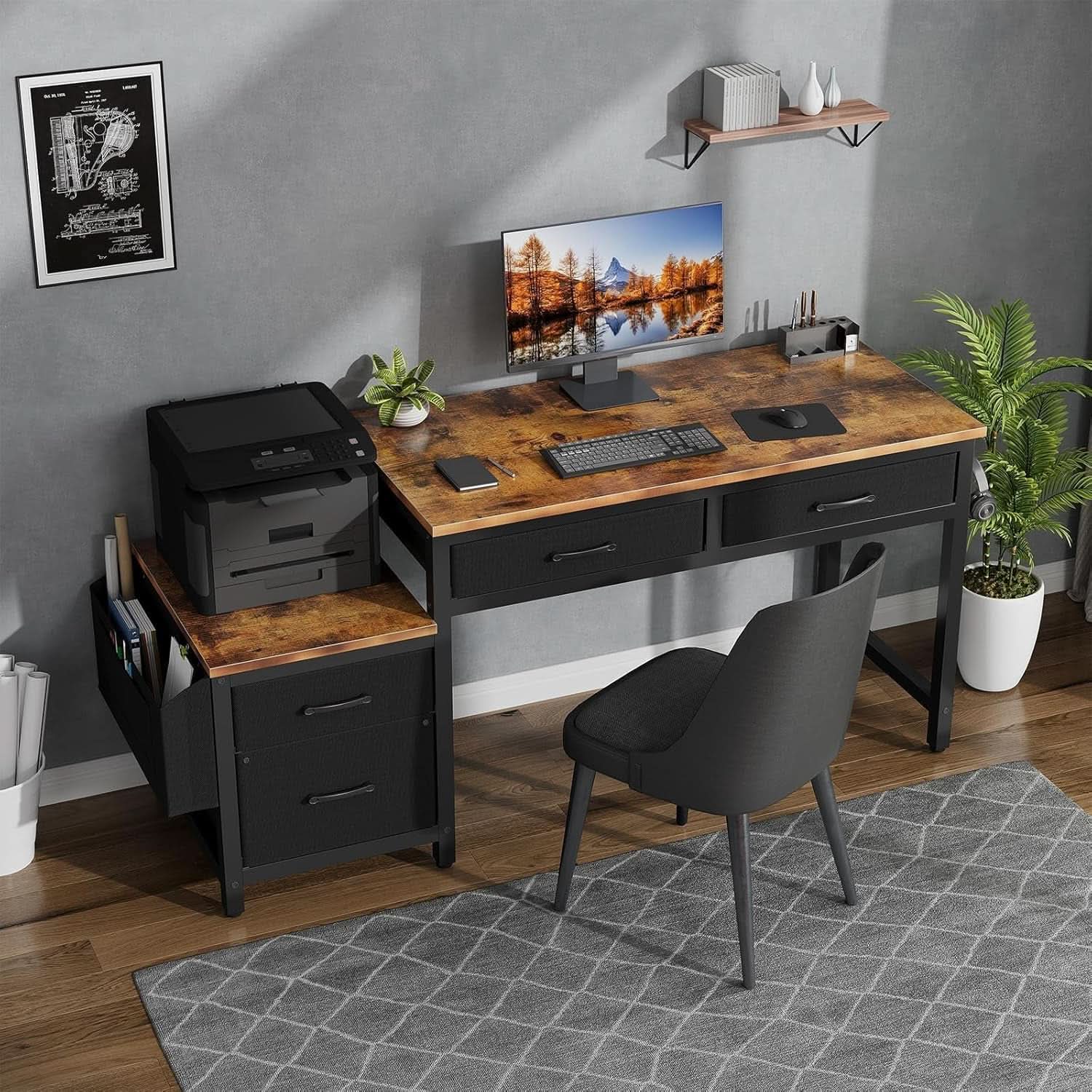 57 Inch Computer Desk Reversible With Fabric File Drawers